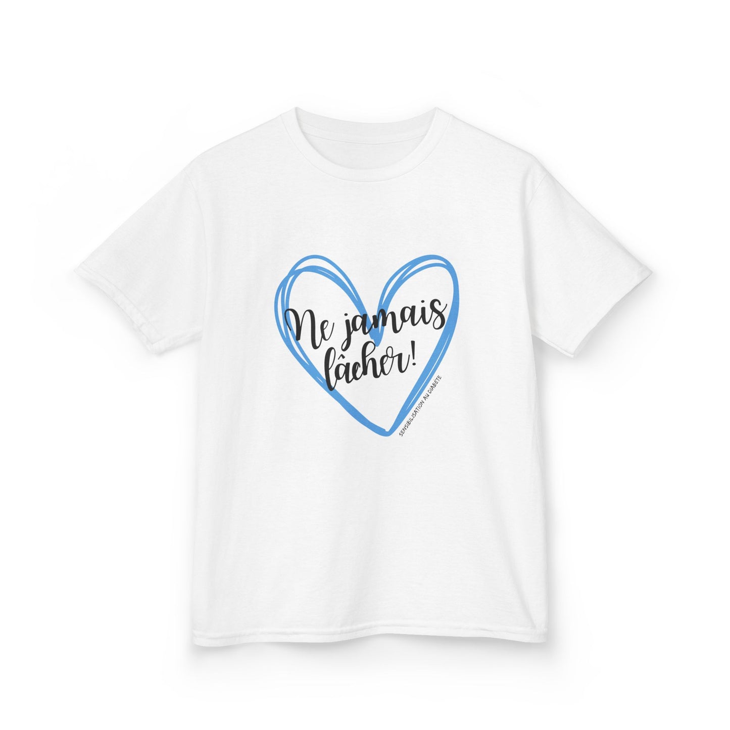 The Diabuddies Store Never Give Up in French - Kids Tee Never Give Up in French - Kids Tee: A powerful statement for the young warriors of the diabetes community. This French "Ne jamais lâcher" Tee is the perfect way to share a message of strength, resili