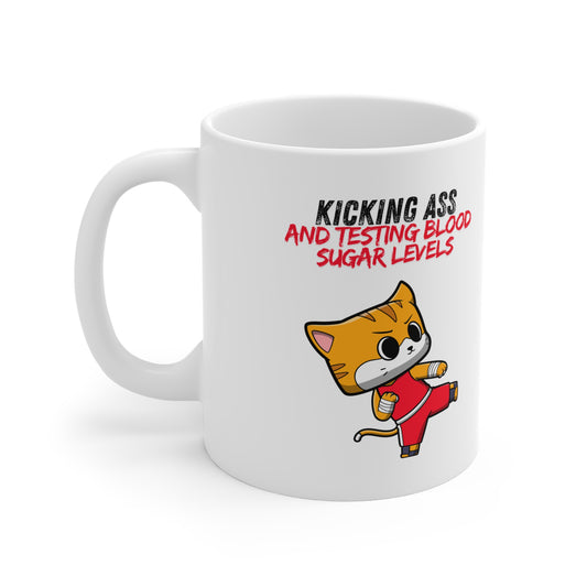 The Diabuddies Store Kicking Ass and Testing Blood Sugar Levels - Mug 11oz Kicking Ass and Testing Blood Sugar Levels - 11oz Mug: Fuel your day with our "Kicking Ass and Testing Blood Sugar Levels" 11oz ceramic mug! It's the perfect way to celebrate the d