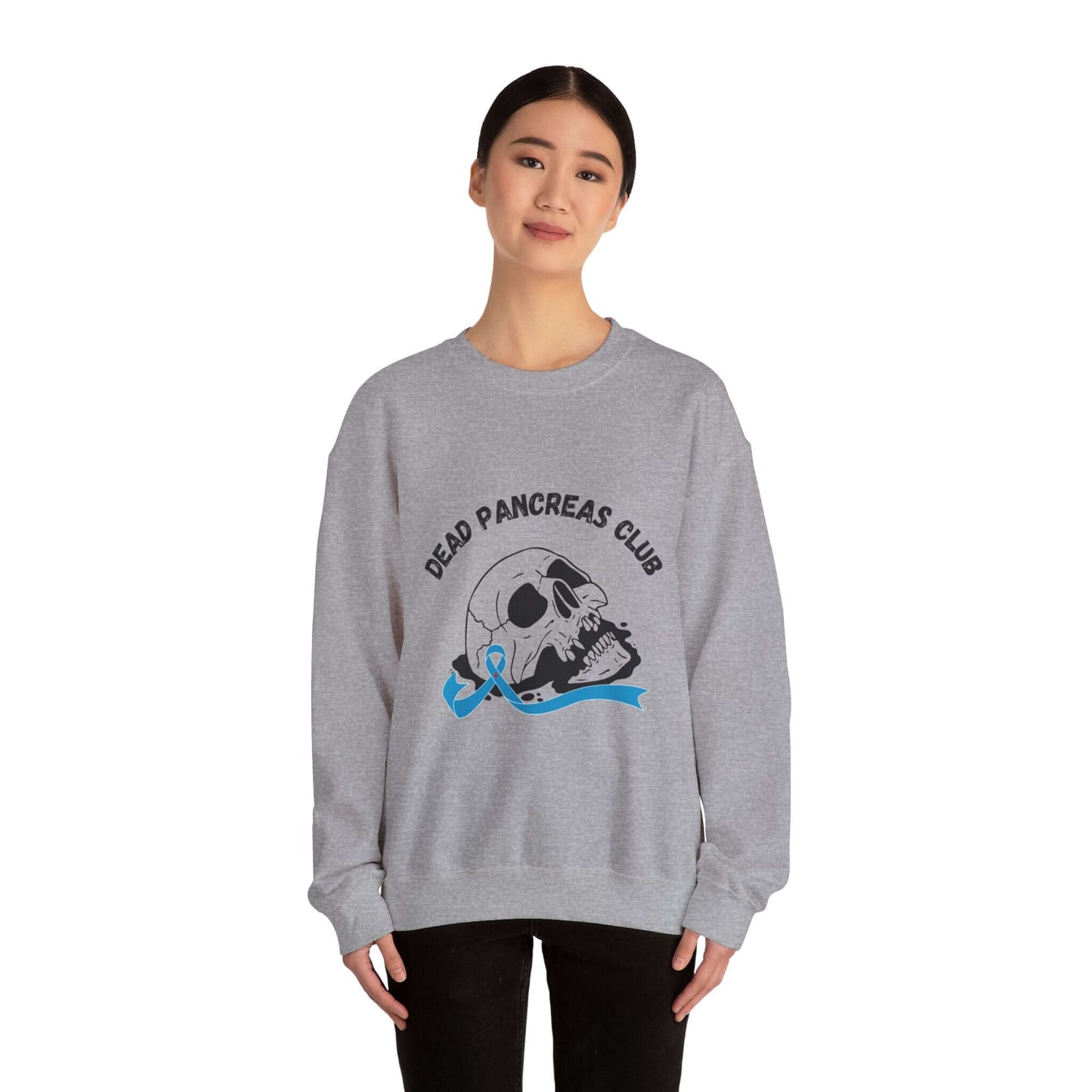 The Diabuddies Store Skull & Blue Ribbon, Dead Pancreas Club - Sweatshirt Skull & Blue Ribbon, Dead Pancreas Club - Sweatshirt: EMake a powerful statement with our Skull & Blue Ribbon, Dead Pancreas Club Unisex Sweatshirt. This bold design merges an edgy
