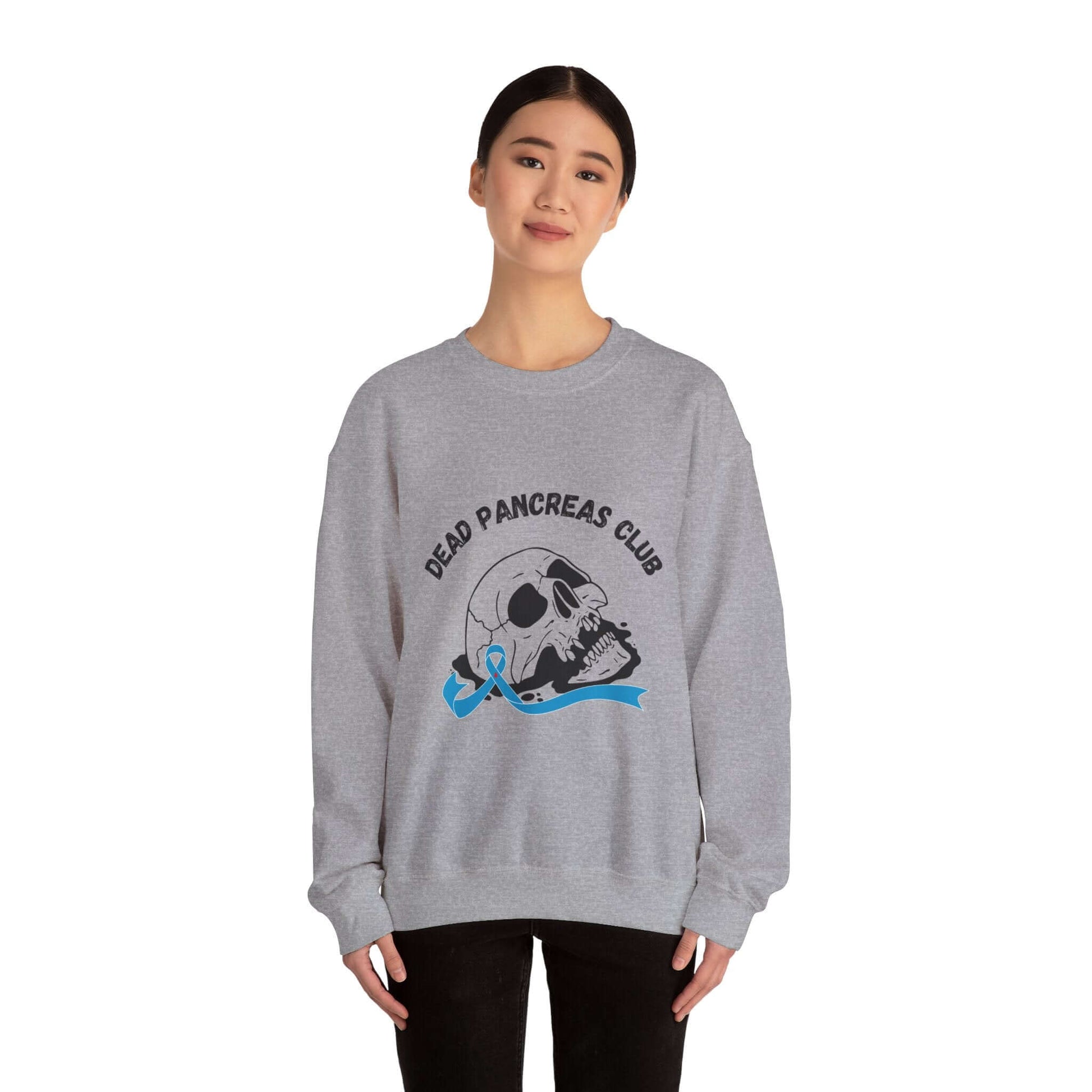 The Diabuddies Store Skull & Blue Ribbon, Dead Pancreas Club - Sweatshirt Skull & Blue Ribbon, Dead Pancreas Club - Sweatshirt: EMake a powerful statement with our Skull & Blue Ribbon, Dead Pancreas Club Unisex Sweatshirt. This bold design merges an edgy