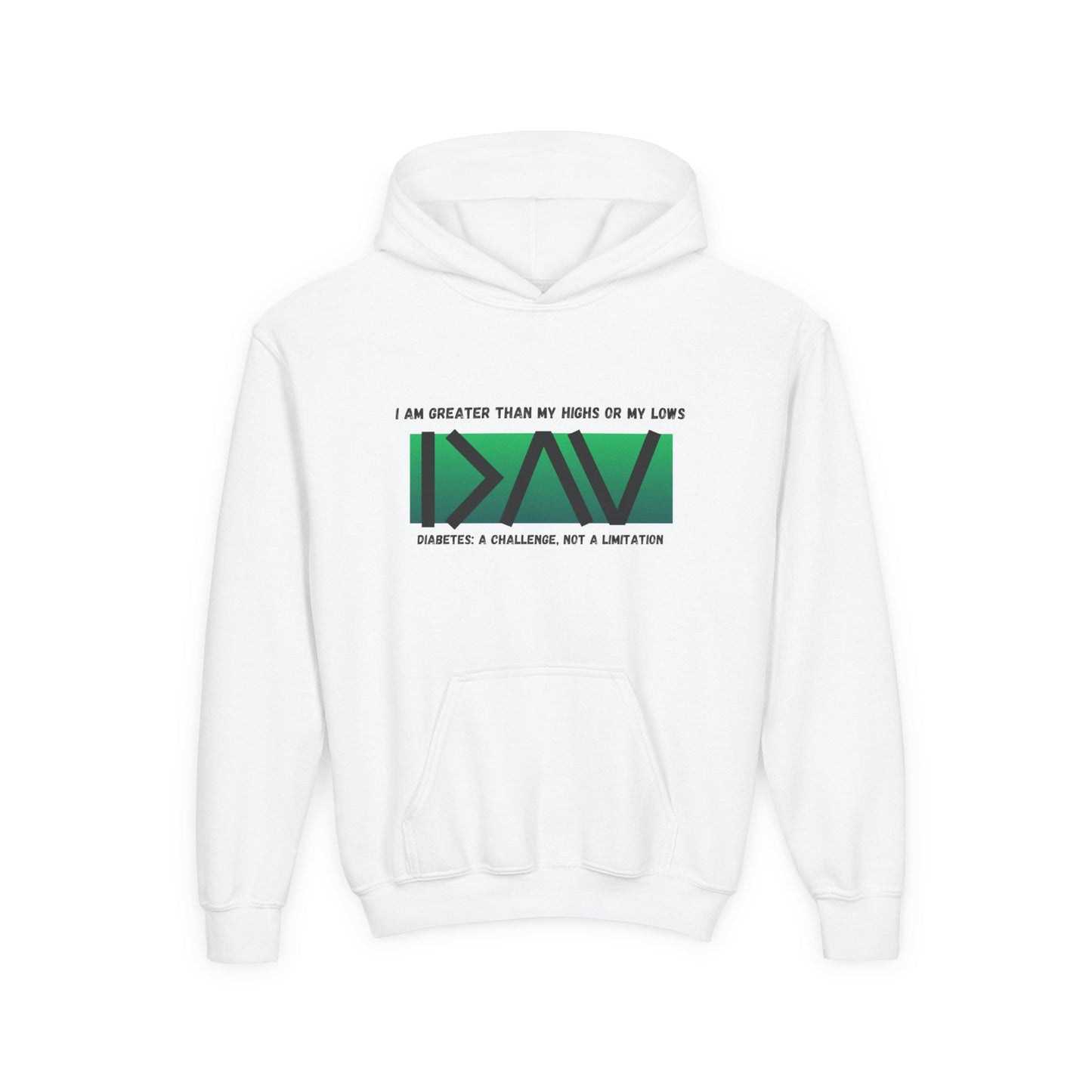 The Diabuddies Store I am Greater than (Green) - Youth Hoodie I am Greater than (Green) - Youth Hoodie: Celebrate resilience and strength with this Youth Hoodie! It's a powerful symbol for young individuals living with diabetes, reminding them that they a