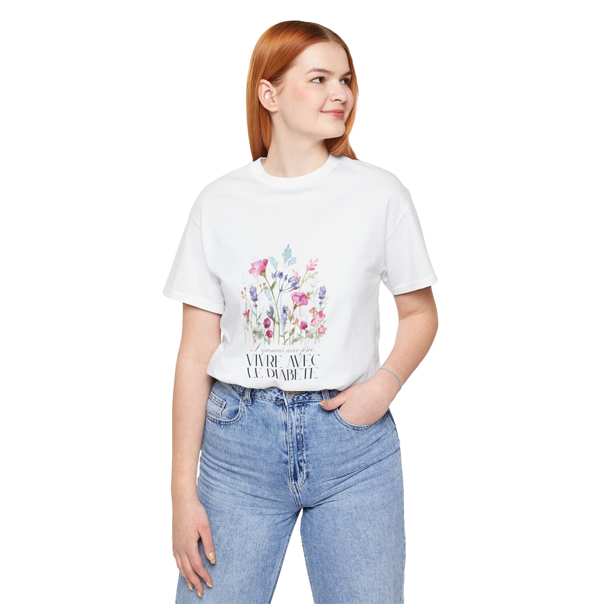 The Diabuddies Store Blossoming Strong, Living with Diabetes. (French) Unisex Tee Blossoming Strong, Living with Diabetes. (French) Unisex Tee: Wear your strength proudly! Our "S'épanouir avec force, vivre avec le diabète." Unisex Tee is a beautiful remin
