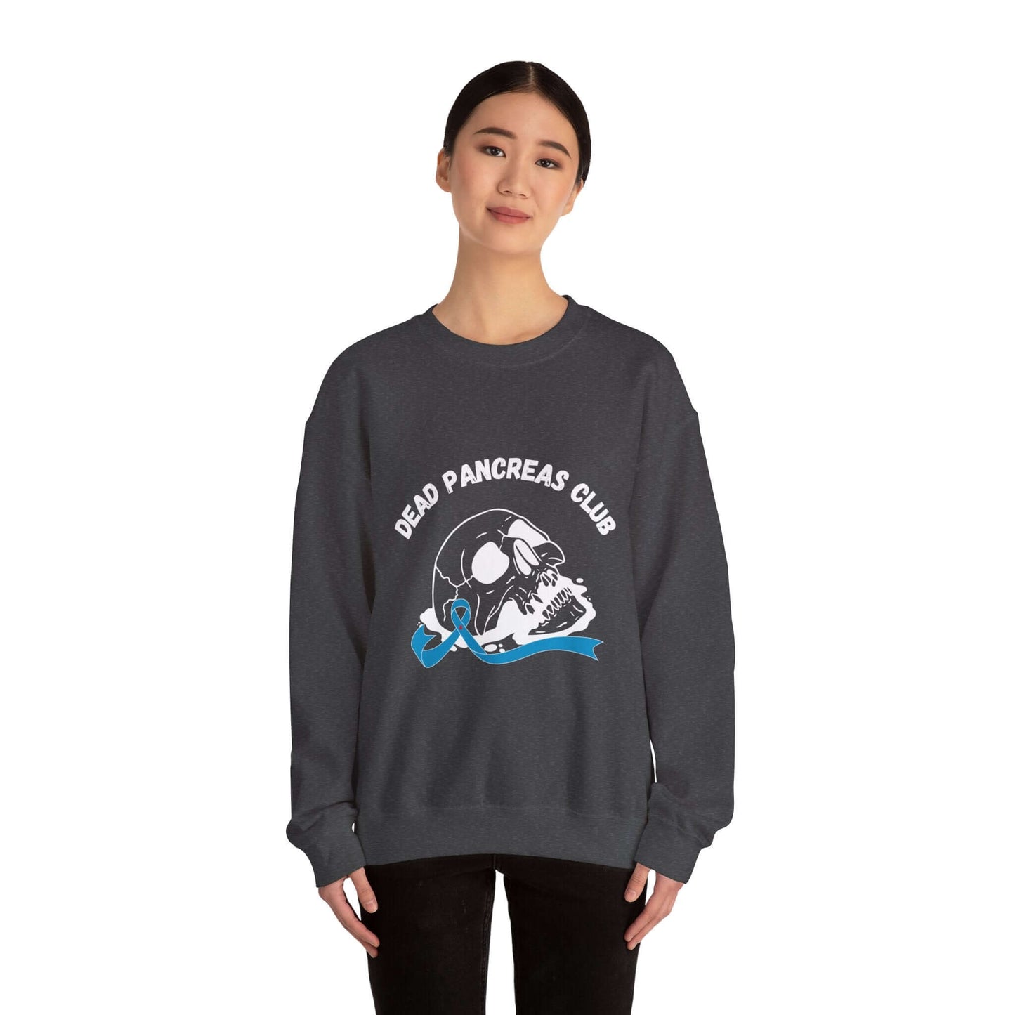 The Diabuddies Store Skull & Blue Ribbon, Dead Pancreas Club - Sweatshirt Skull & Blue Ribbon, Dead Pancreas Club - Sweatshirt: EMake a powerful statement with our Skull & Blue Ribbon, Dead Pancreas Club Unisex Sweatshirt. This bold design merges an edgy