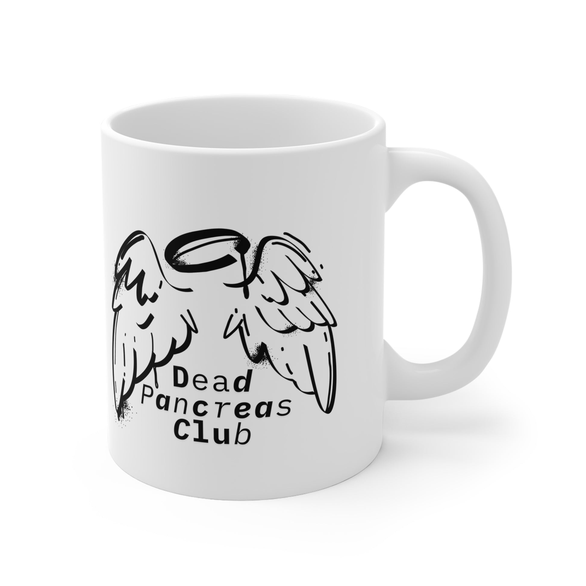 The Diabuddies Store Dead Pancreas Club (Angel Wings) - Mug 11oz Dead Pancreas Club (Angel Wings) - Mug 11oz: Welcome to the Dead Pancreas Club! This unique 11oz mug, featuring a cool angel wings design, is perfect for those with a darkly humorous take on