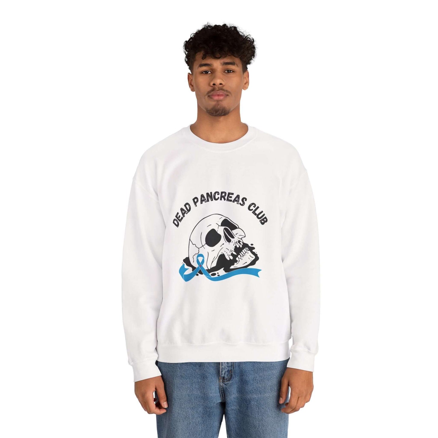 The Diabuddies Store Skull & Blue Ribbon, Dead Pancreas Club - Sweatshirt Skull & Blue Ribbon, Dead Pancreas Club - Sweatshirt: EMake a powerful statement with our Skull & Blue Ribbon, Dead Pancreas Club Unisex Sweatshirt. This bold design merges an edgy