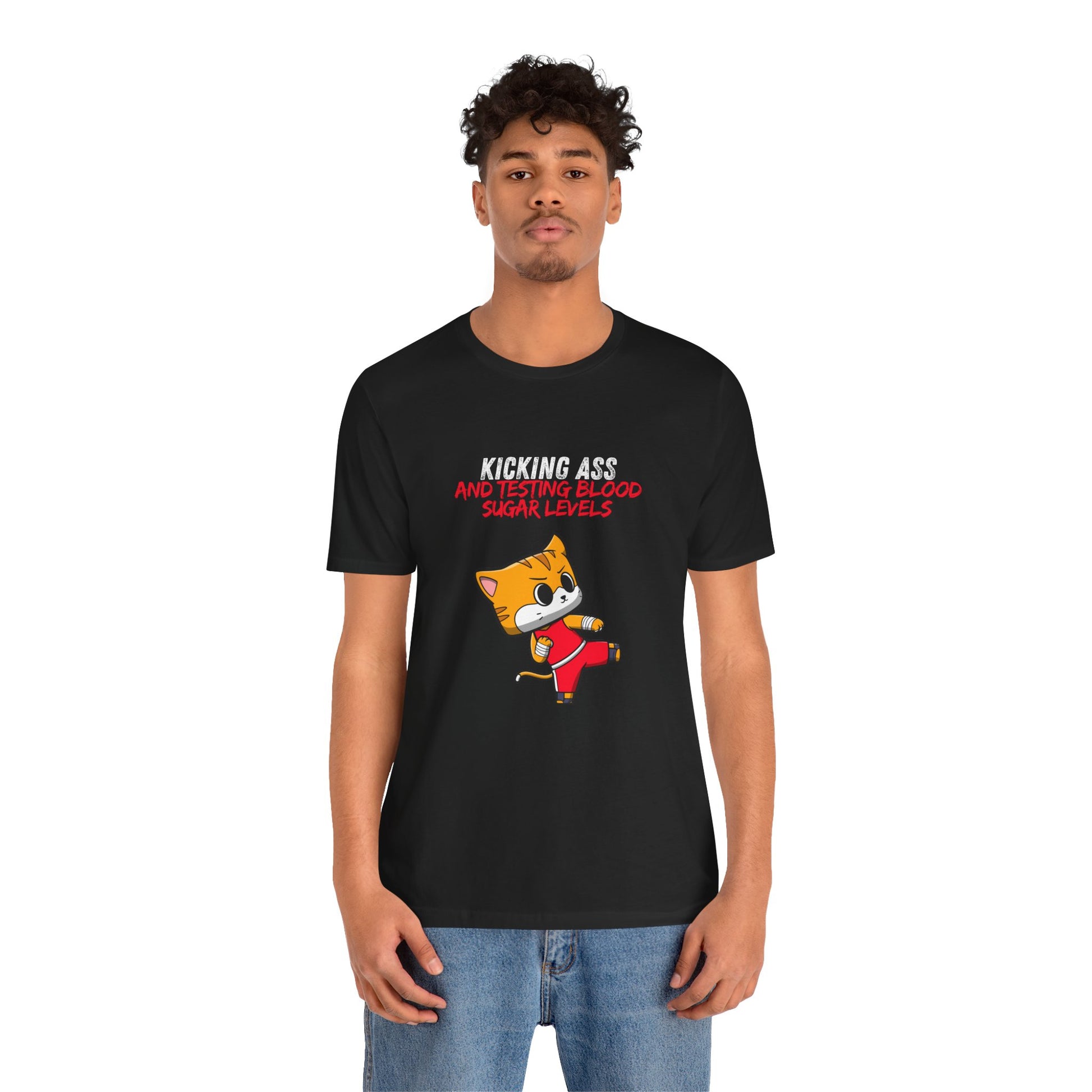 The Diabuddies Store Kicking Ass and Testing Blood Sugar Levels - Unisex Tee Kicking Ass and Testing Blood Sugar Levels - Unisex Tee: This tee is for anyone who faces their daily diabetes routine with a fighting spirit and a good dose of humor. T-Shirts $