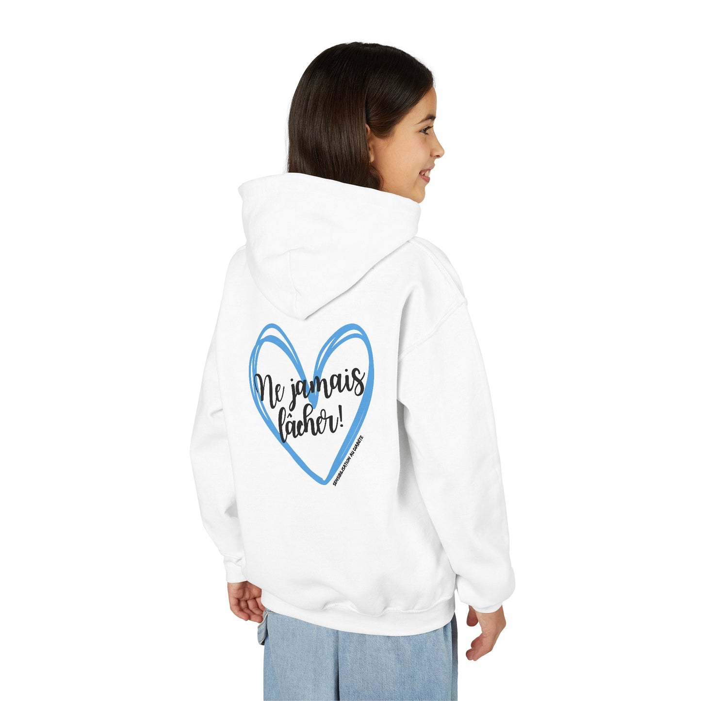 The Diabuddies Store Never Give Up French - Youth Hoodie Never Give Up French - Youth Hoodie: A powerful statement for the young warriors of the diabetes community. This French "Ne jamais lâcher" hoodie is the perfect way to share a message of strength, r