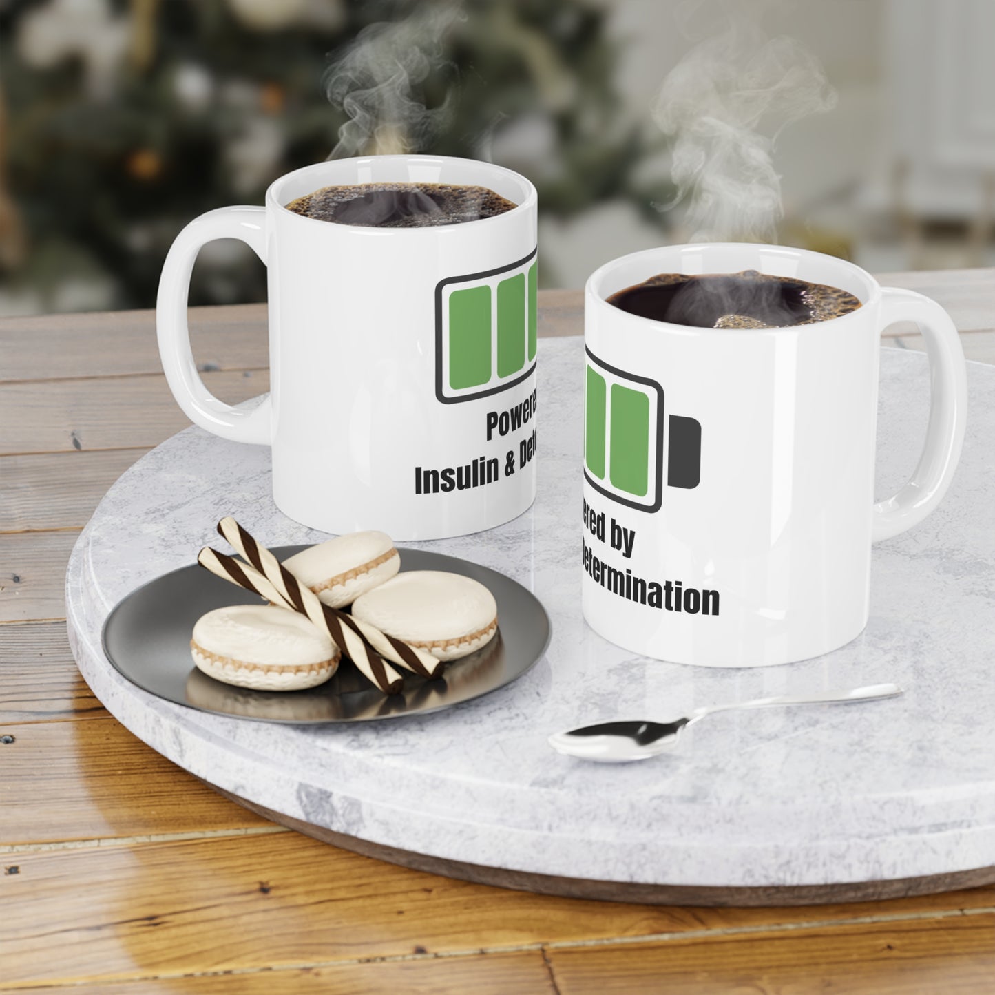The Diabuddies Store Powered by Coffee, Insulin & Determination - Mug 11oz Powered by Coffee, Insulin & determination - Mug 11oz: Start your day fully charged! Our "Powered by Coffee, Insulin & determination" 11oz mug is the perfect companion for anyone w
