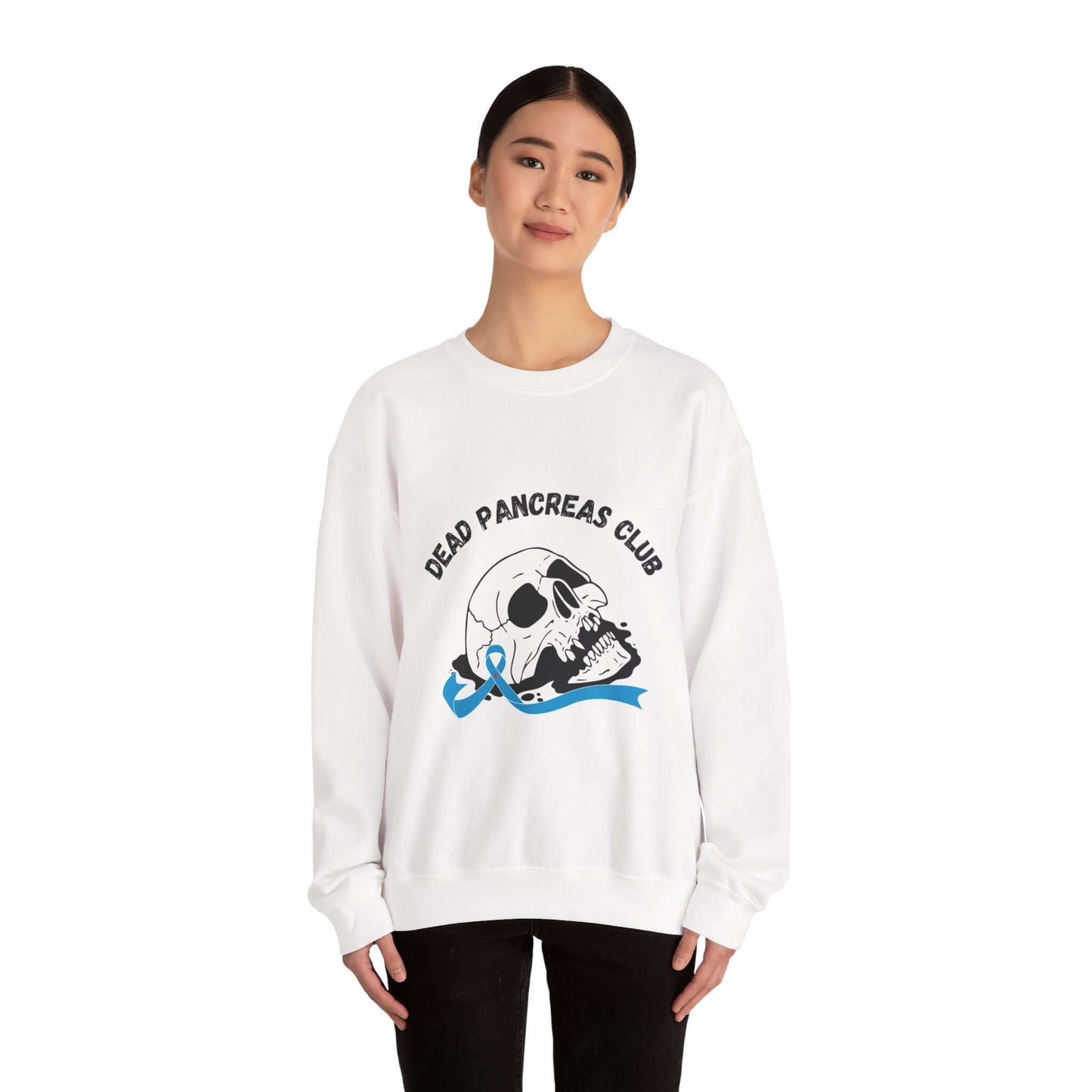 The Diabuddies Store Skull & Blue Ribbon, Dead Pancreas Club - Sweatshirt Skull & Blue Ribbon, Dead Pancreas Club - Sweatshirt: EMake a powerful statement with our Skull & Blue Ribbon, Dead Pancreas Club Unisex Sweatshirt. This bold design merges an edgy