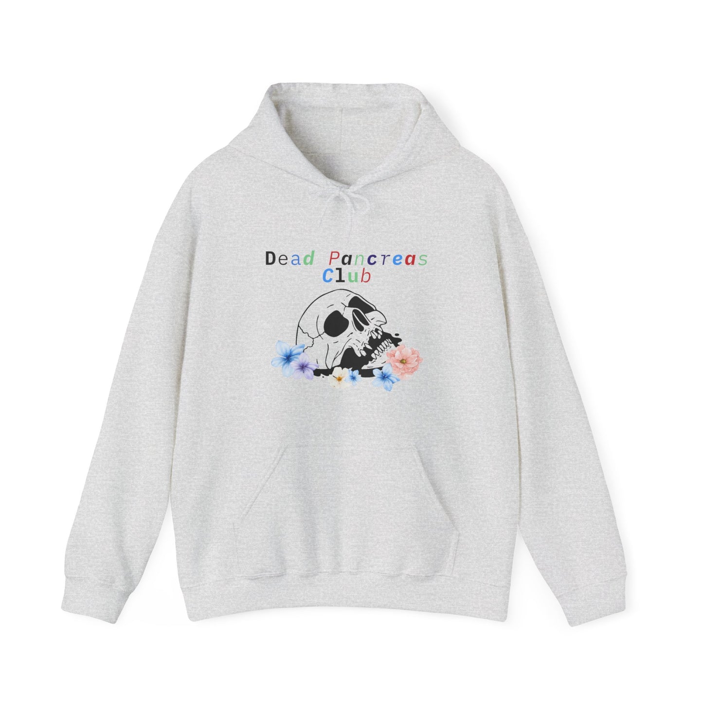 The Diabuddies Store Skull & Flowers, Dead Pancreas Club - Unisex Hoodie Skull & Flowers, Dead Pancreas Club - Unisex Hoodie: Cozy defiance! This unique hoodie blends skulls, flowers, and "Dead Pancreas Club" for a raw, humorous take on life with diabetes