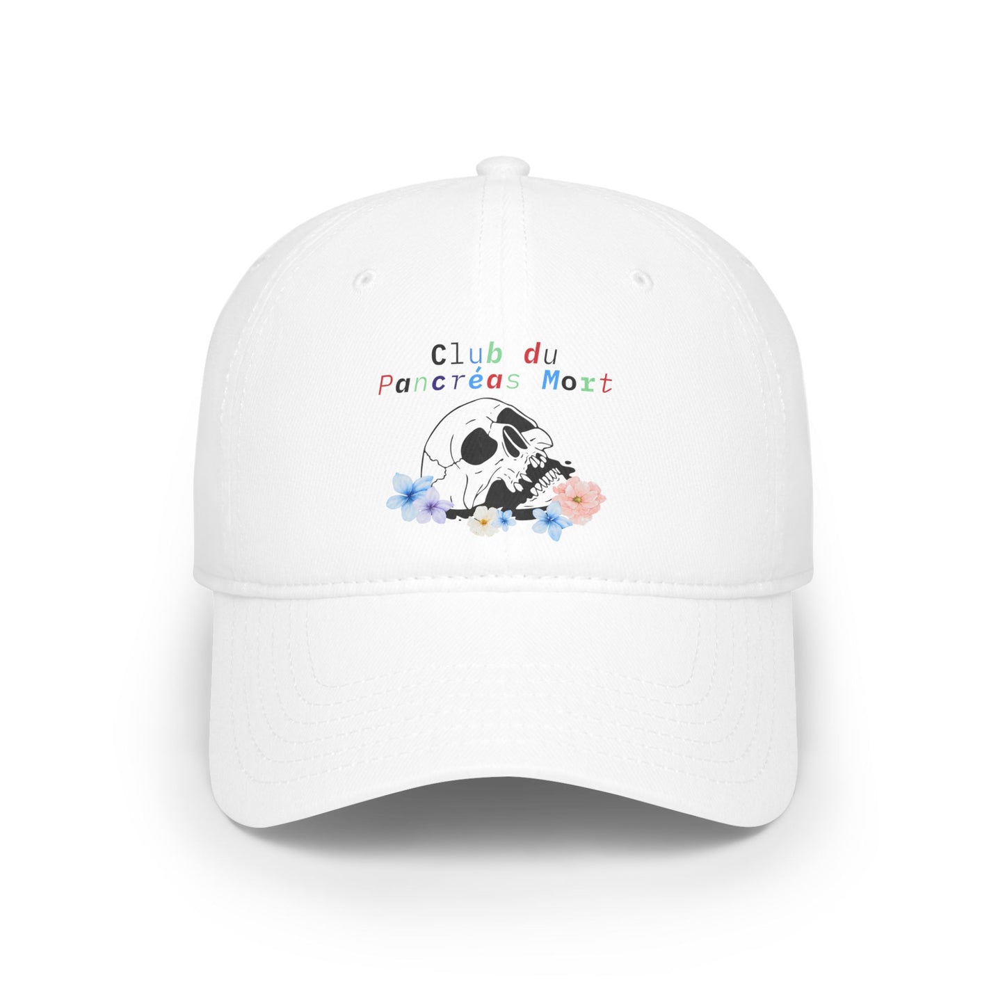 The Diabuddies Store Dead Pancreas Club (French) - Low Profile Baseball Cap Dead Pancreas Club (French) - Low Profile Baseball Cap: Sometimes, humor is the best medicine. "Le Club du Pancréas Mort" - Low Profile Baseball Cap is for those who face diabetes