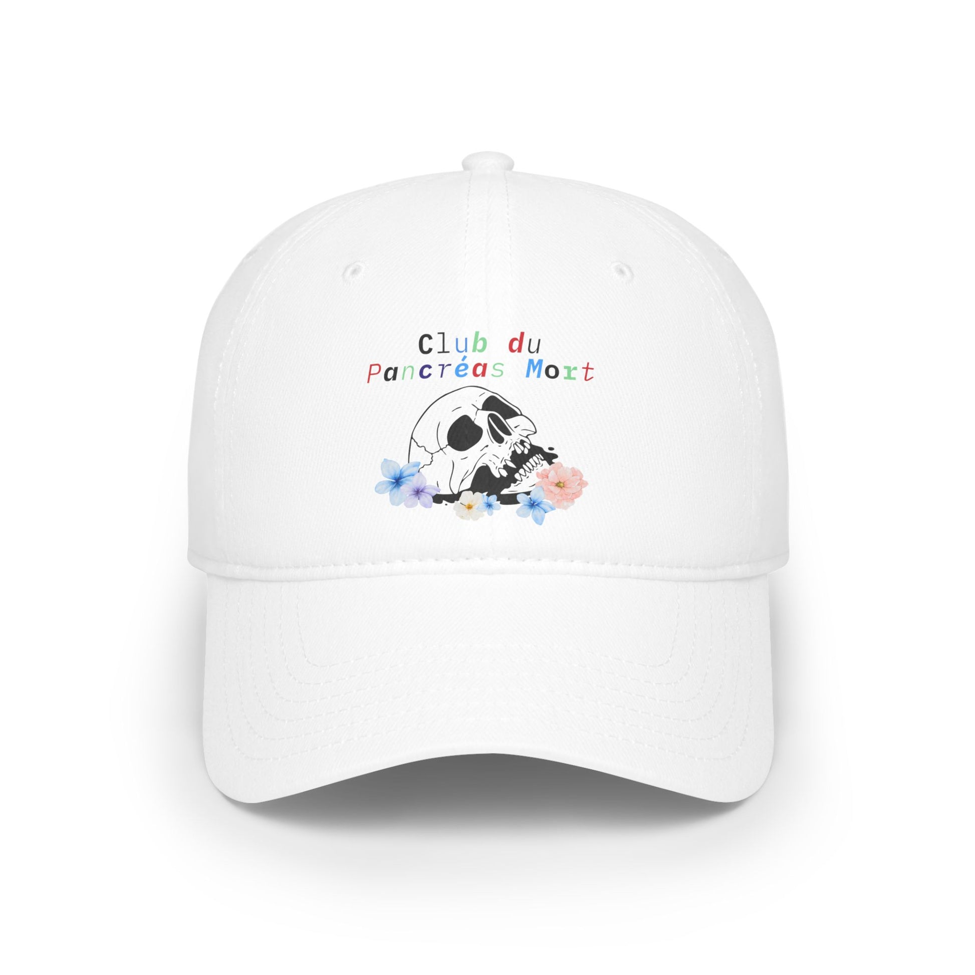 The Diabuddies Store Dead Pancreas Club (French) - Low Profile Baseball Cap Dead Pancreas Club (French) - Low Profile Baseball Cap: Sometimes, humor is the best medicine. "Le Club du Pancréas Mort" - Low Profile Baseball Cap is for those who face diabetes