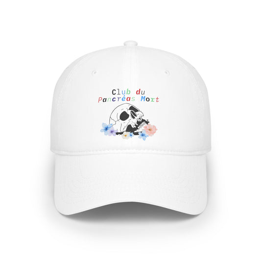 The Diabuddies Store Dead Pancreas Club (French) - Low Profile Baseball Cap Dead Pancreas Club (French) - Low Profile Baseball Cap: Sometimes, humor is the best medicine. "Le Club du Pancréas Mort" - Low Profile Baseball Cap is for those who face diabetes