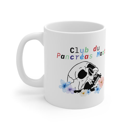 The Diabuddies Store Dead Pancreas Club, Skull & Flowers (French) - Mug 11oz Dead Pancreas Club, Skull & Flowers (French) - Mug 11oz: Welcome to the Dead Pancreas Club! This unique 11oz mug, featuring a cool skull and floral design, is perfect for those w