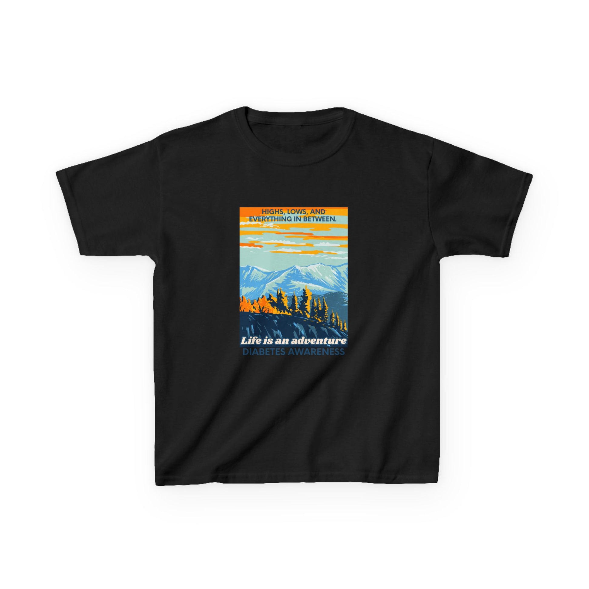 The Diabuddies Store Life is an Adventure, Highs & Lows - kids Tee Life is an Adventure, Highs & Lows - kids Tee: Hey adventurers! 🎉 Get ready to explore the world in our Diabetes: Life is an Adventure - Kids Tee! This super cool and comfy t-shirt is per