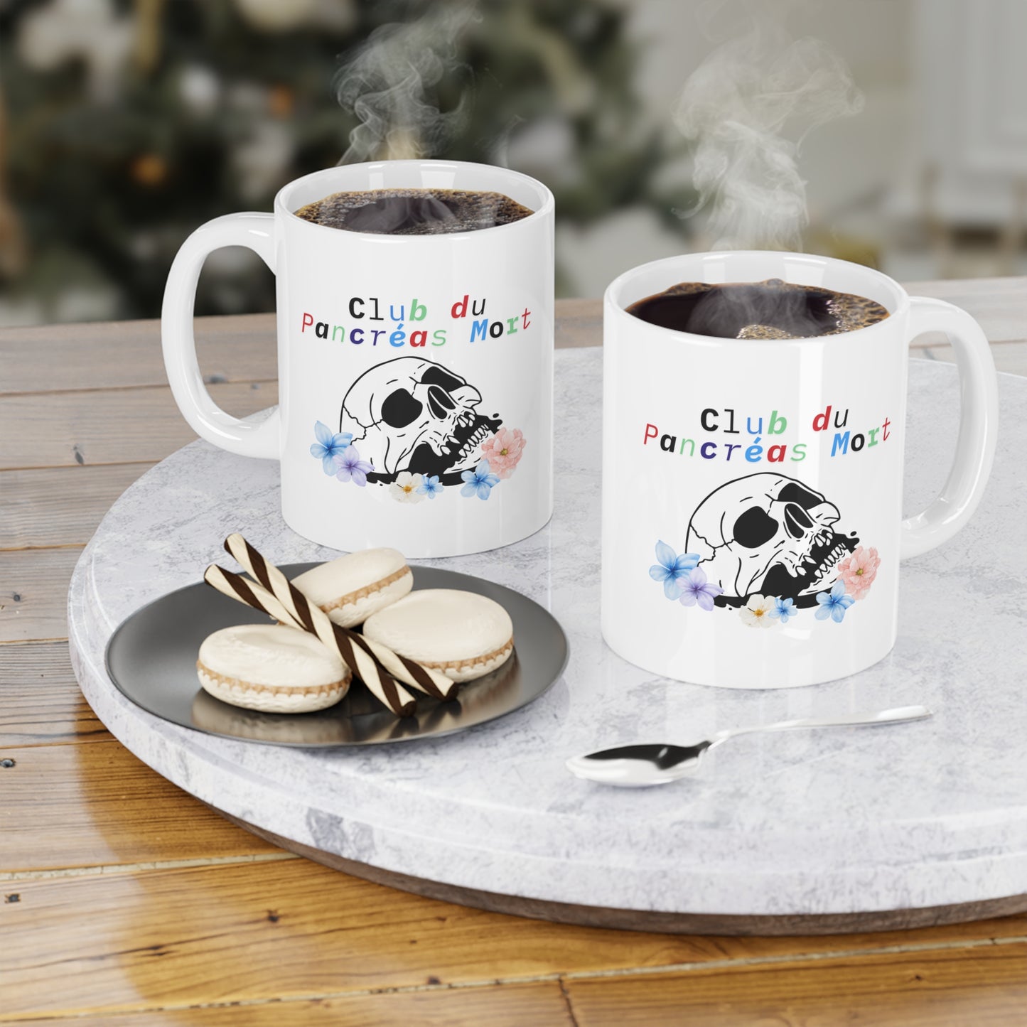 The Diabuddies Store Dead Pancreas Club, Skull & Flowers (French) - Mug 11oz Dead Pancreas Club, Skull & Flowers (French) - Mug 11oz: Welcome to the Dead Pancreas Club! This unique 11oz mug, featuring a cool skull and floral design, is perfect for those w