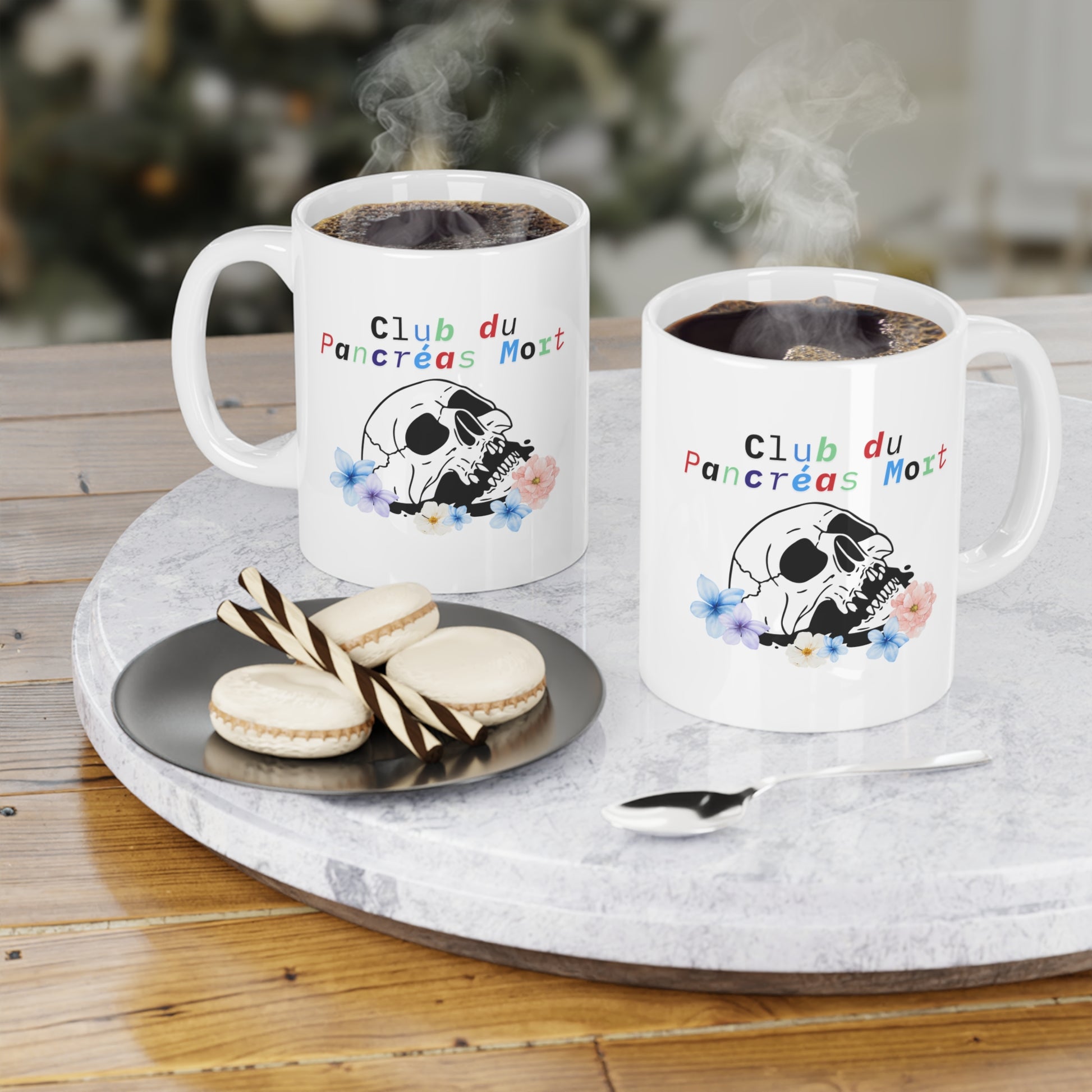 The Diabuddies Store Dead Pancreas Club, Skull & Flowers (French) - Mug 11oz Dead Pancreas Club, Skull & Flowers (French) - Mug 11oz: Welcome to the Dead Pancreas Club! This unique 11oz mug, featuring a cool skull and floral design, is perfect for those w