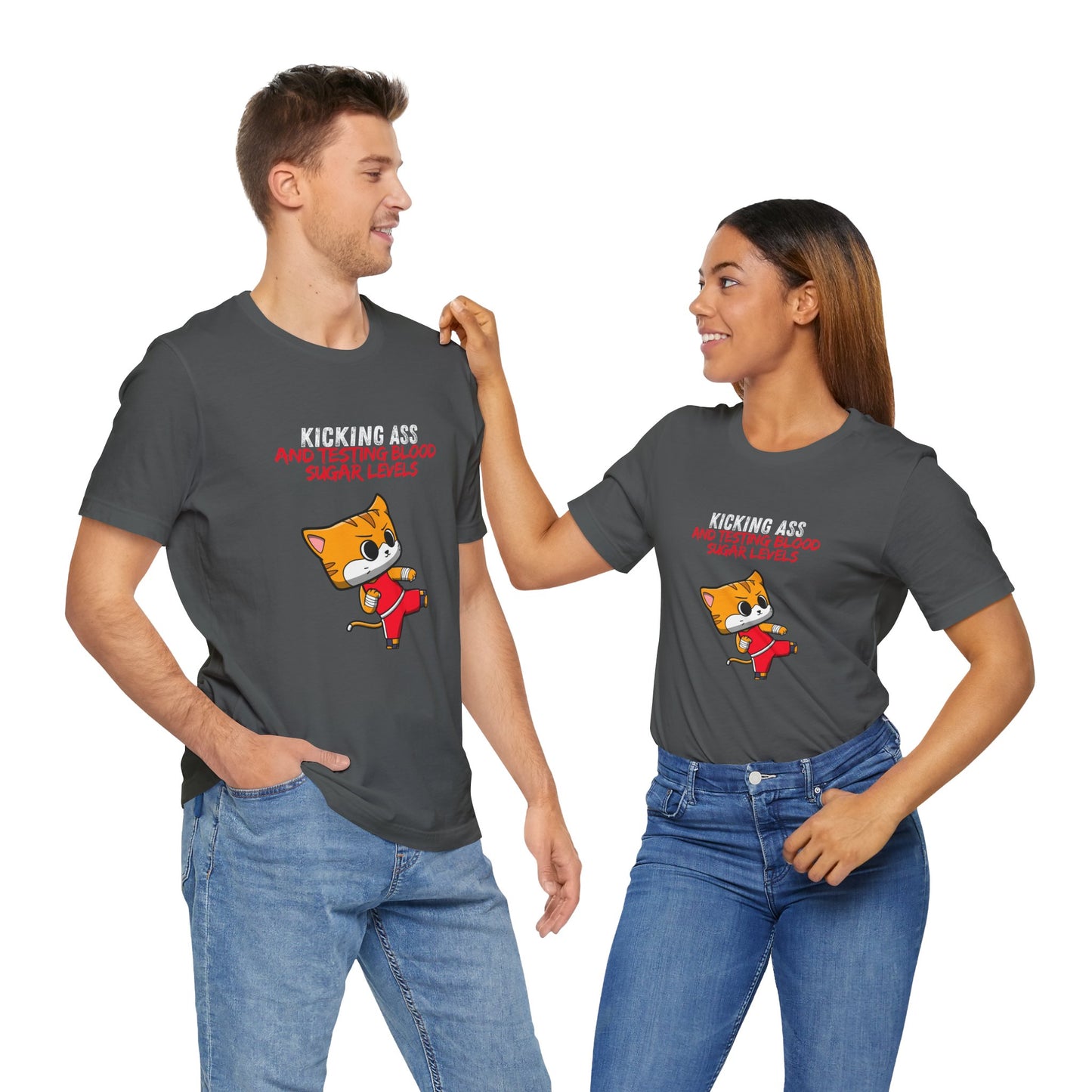The Diabuddies Store Kicking Ass and Testing Blood Sugar Levels - Unisex Tee Kicking Ass and Testing Blood Sugar Levels - Unisex Tee: This tee is for anyone who faces their daily diabetes routine with a fighting spirit and a good dose of humor. T-Shirts $