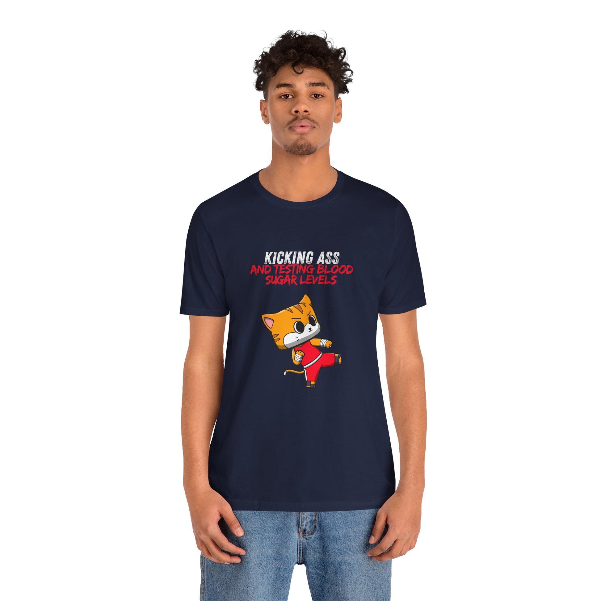 The Diabuddies Store Kicking Ass and Testing Blood Sugar Levels - Unisex Tee Kicking Ass and Testing Blood Sugar Levels - Unisex Tee: This tee is for anyone who faces their daily diabetes routine with a fighting spirit and a good dose of humor. T-Shirts $