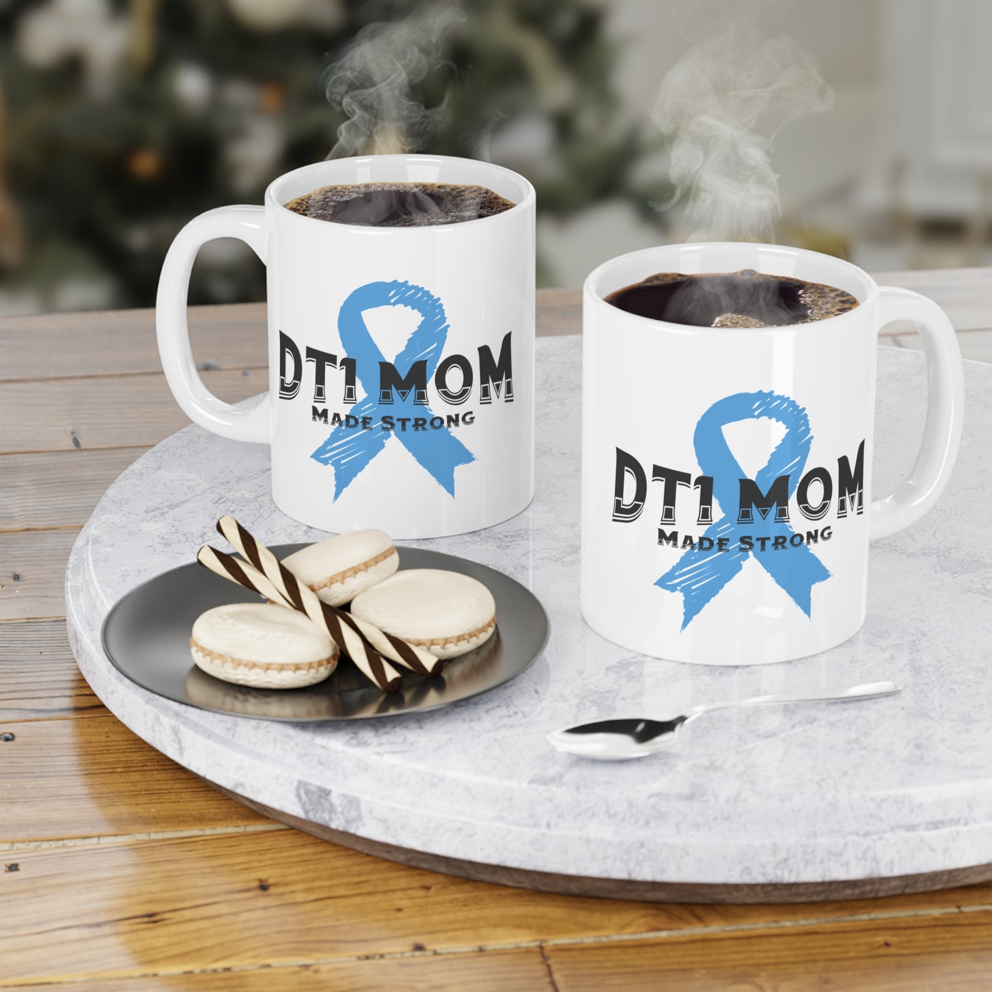 The Diabuddies Store DT1 Mom, Made Strong - Mug 11oz DT1 Mom, Made Strong - 11oz Mug: Celebrate the incredible strength of Type 1 moms with our "DT1 Mom, Made Strong" 11oz ceramic mug. It's a daily tribute to their resilience, dedication, and unwavering l