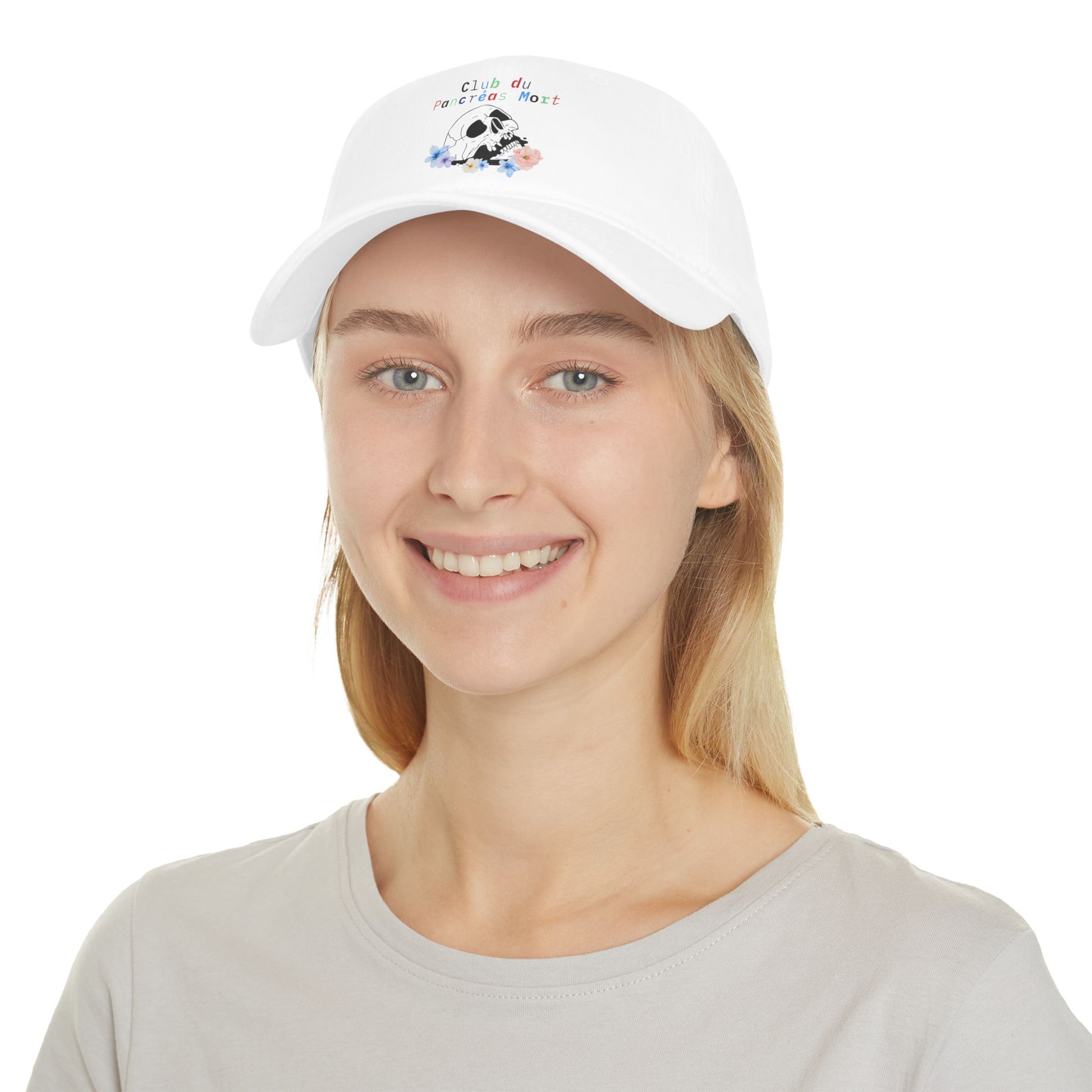 The Diabuddies Store Dead Pancreas Club (French) - Low Profile Baseball Cap Dead Pancreas Club (French) - Low Profile Baseball Cap: Sometimes, humor is the best medicine. "Le Club du Pancréas Mort" - Low Profile Baseball Cap is for those who face diabetes