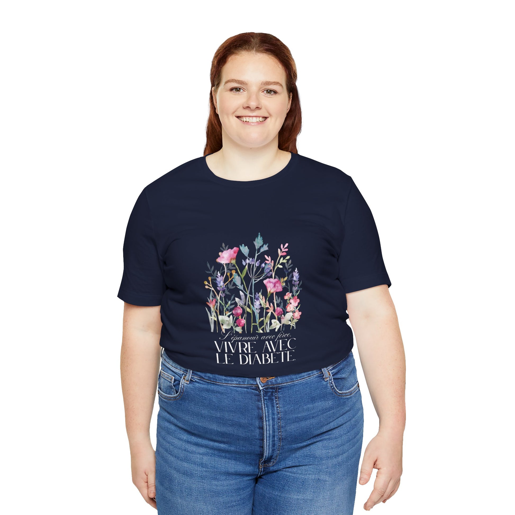 The Diabuddies Store Blossoming Strong, Living with Diabetes. (French) Unisex Tee Blossoming Strong, Living with Diabetes. (French) Unisex Tee: Wear your strength proudly! Our "S'épanouir avec force, vivre avec le diabète." Unisex Tee is a beautiful remin