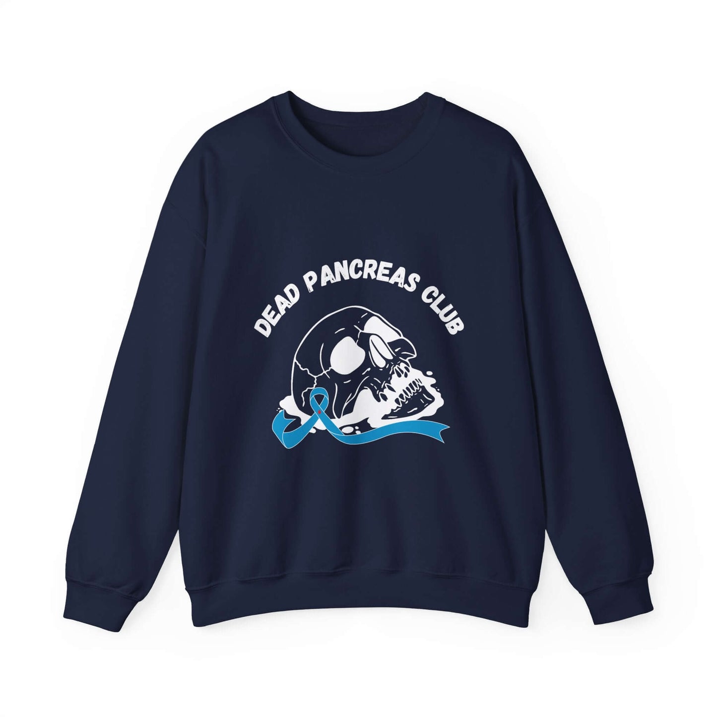 The Diabuddies Store Skull & Blue Ribbon, Dead Pancreas Club - Sweatshirt Skull & Blue Ribbon, Dead Pancreas Club - Sweatshirt: EMake a powerful statement with our Skull & Blue Ribbon, Dead Pancreas Club Unisex Sweatshirt. This bold design merges an edgy