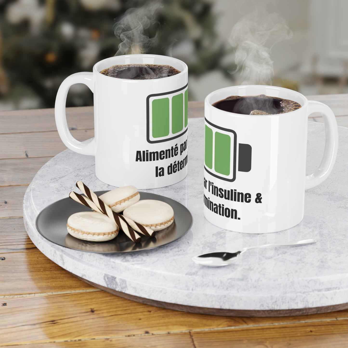 The Diabuddies Store Powered by Coffee, Insulin (French) - Mug 11oz Powered by Coffee, Insulin (French) - Mug 11oz: Start your day fully charged! Our "Alimenté par le café, l'insuline et la détermination" 11oz mug is the perfect companion for anyone who k
