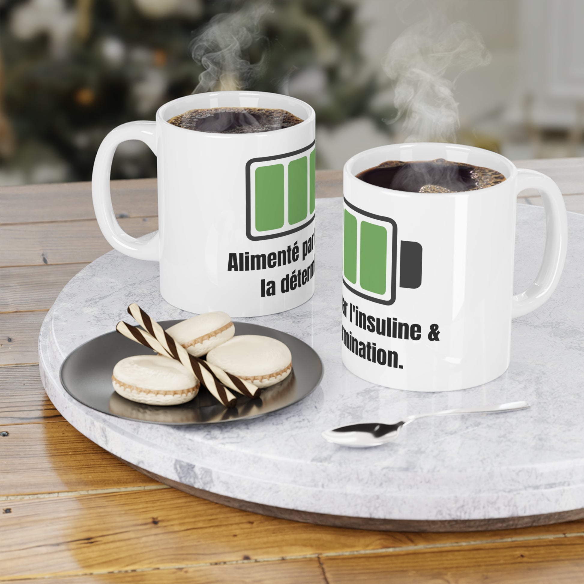 The Diabuddies Store Powered by Coffee, Insulin (French) - Mug 11oz Powered by Coffee, Insulin (French) - Mug 11oz: Start your day fully charged! Our "Alimenté par le café, l'insuline et la détermination" 11oz mug is the perfect companion for anyone who k