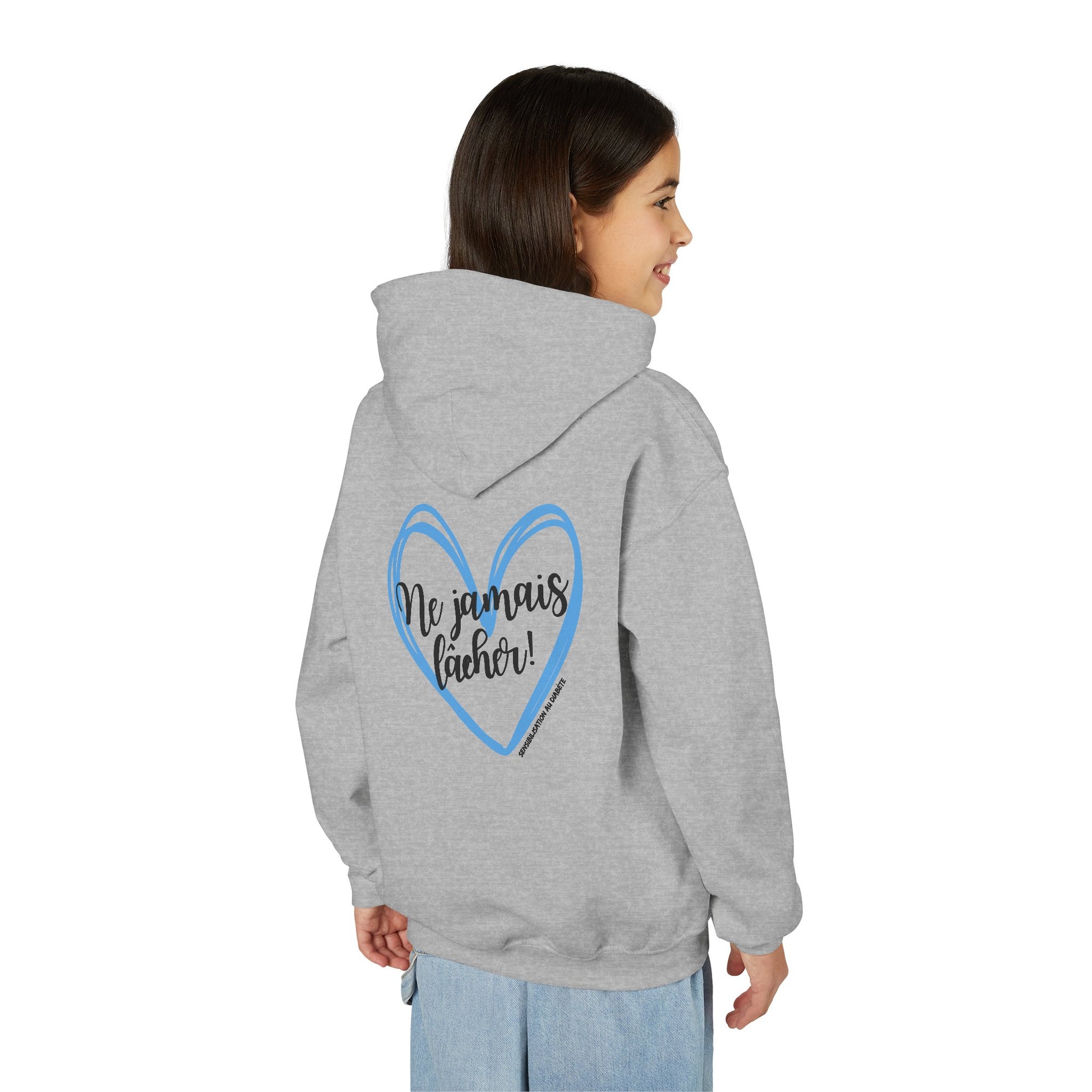 The Diabuddies Store Never Give Up French - Youth Hoodie Never Give Up French - Youth Hoodie: A powerful statement for the young warriors of the diabetes community. This French "Ne jamais lâcher" hoodie is the perfect way to share a message of strength, r