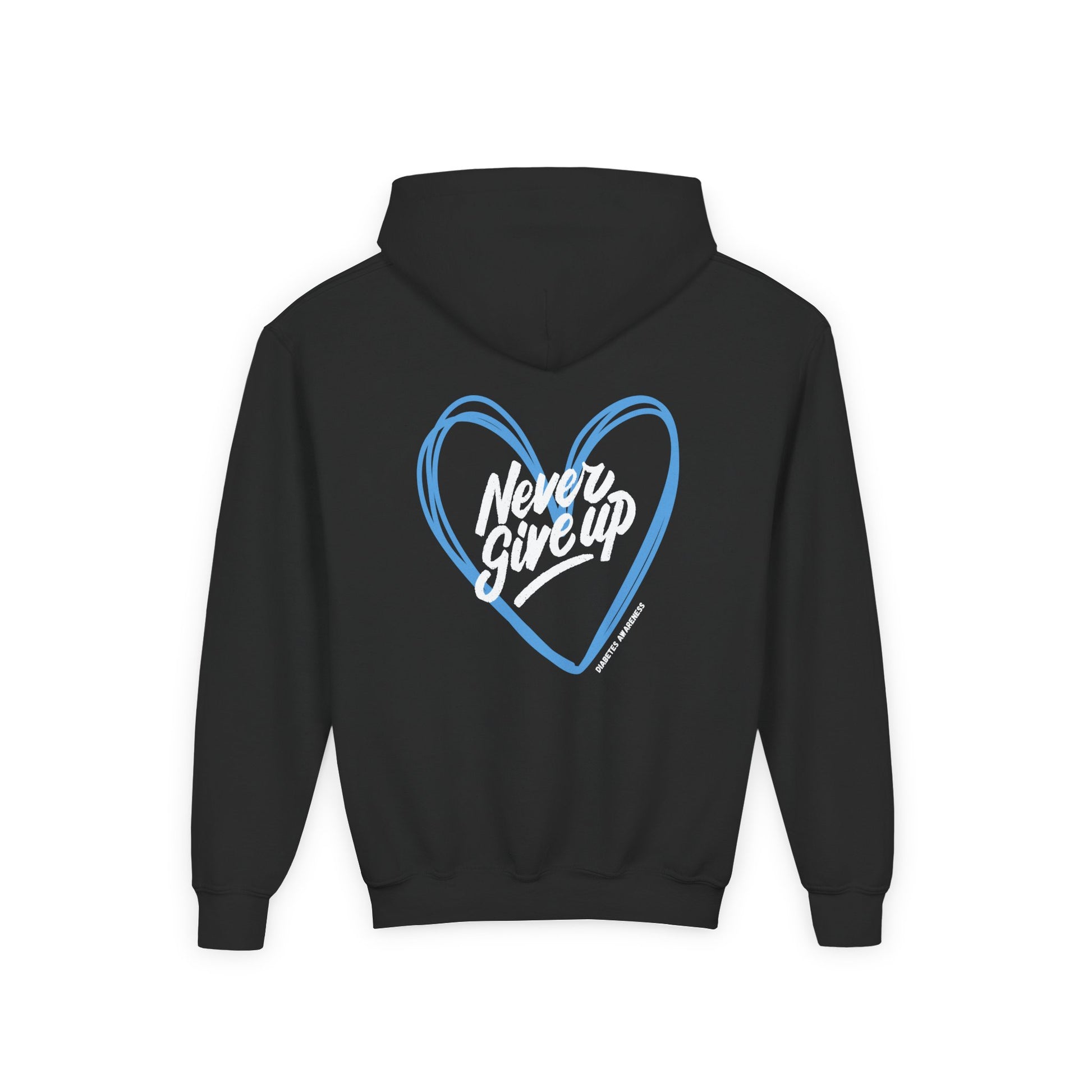 The Diabuddies Store Never Give Up Warrior - Youth Hoodie Never Give Up Warrior - Youth Hoodie: A powerful statement for the young warriors of the diabetes community. This super soft, comfortable hoodie is the perfect way to share a message of strength, r