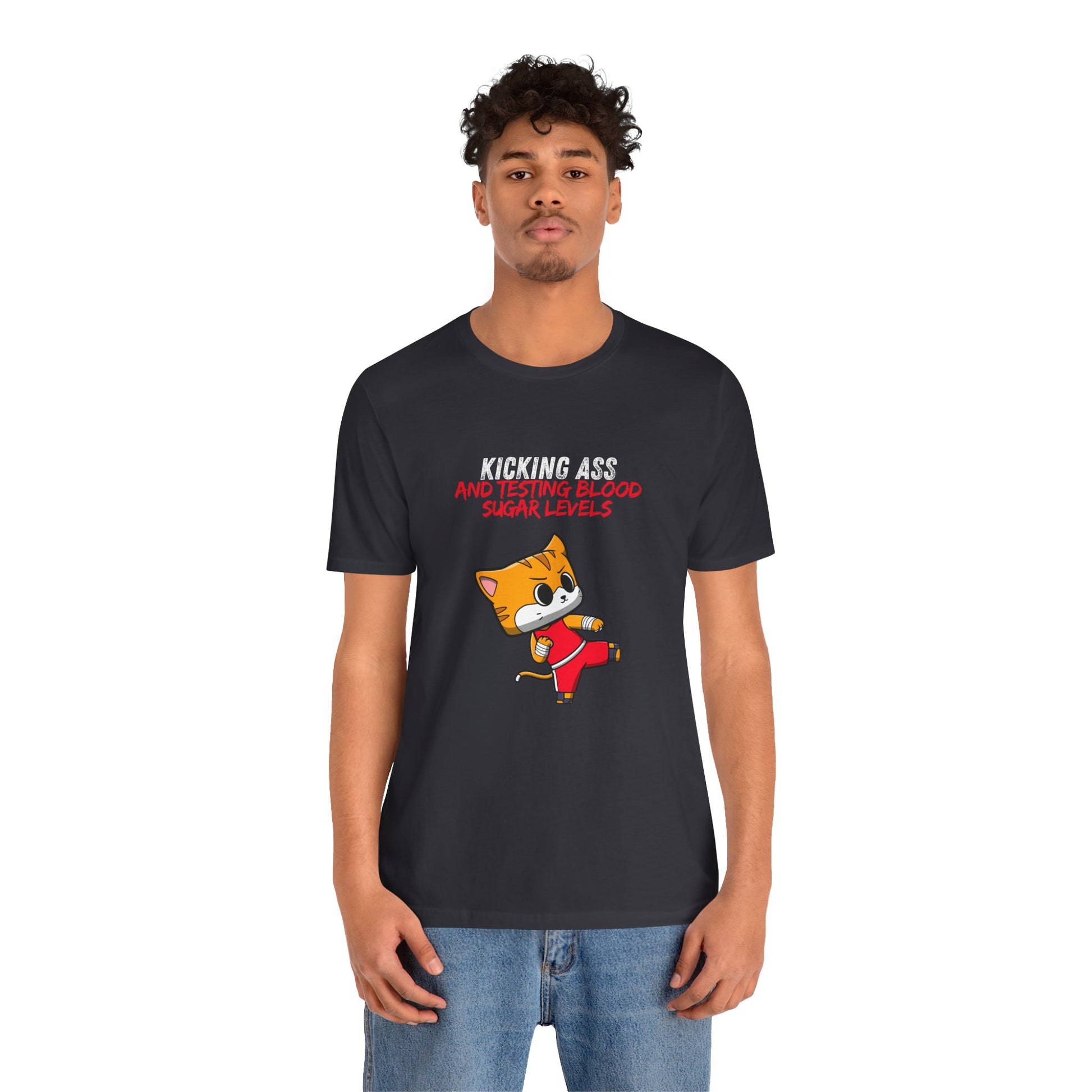 The Diabuddies Store Kicking Ass and Testing Blood Sugar Levels - Unisex Tee Kicking Ass and Testing Blood Sugar Levels - Unisex Tee: This tee is for anyone who faces their daily diabetes routine with a fighting spirit and a good dose of humor. T-Shirts $