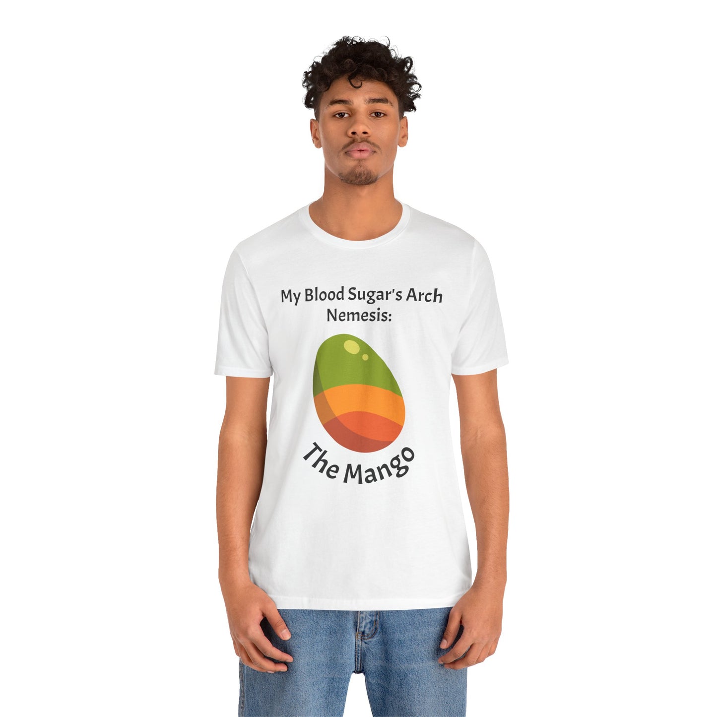 The Diabuddies Store Blood Sugar's Arch Nemesis: The Mango - Unisex Tee Blood Sugar's Arch Nemesis: The Mango - Unisex Tee: Embrace the delicious struggle! This tee humorously declares the mango as blood sugar's arch nemesis, a relatable nod for anyone ma