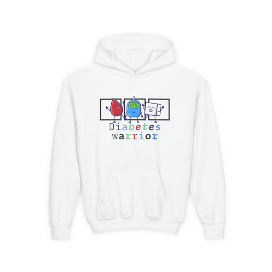 The Diabuddies Store Diabetes Warrior (with icons) - Youth Hoodie Diabetes Warrior (with icons) - Youth Hoodie: Empower your young champion with our "Diabetes Warrior" Youth Hoodie! This super-comfy hoodie proudly displays the spirit of a true warrior, fe