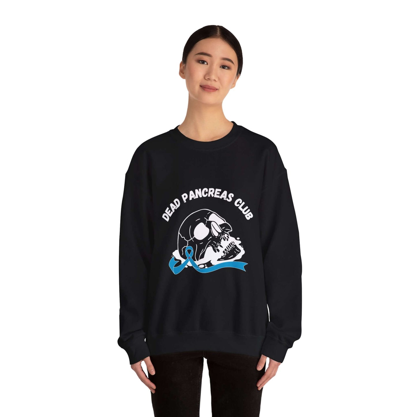 The Diabuddies Store Skull & Blue Ribbon, Dead Pancreas Club - Sweatshirt Skull & Blue Ribbon, Dead Pancreas Club - Sweatshirt: EMake a powerful statement with our Skull & Blue Ribbon, Dead Pancreas Club Unisex Sweatshirt. This bold design merges an edgy