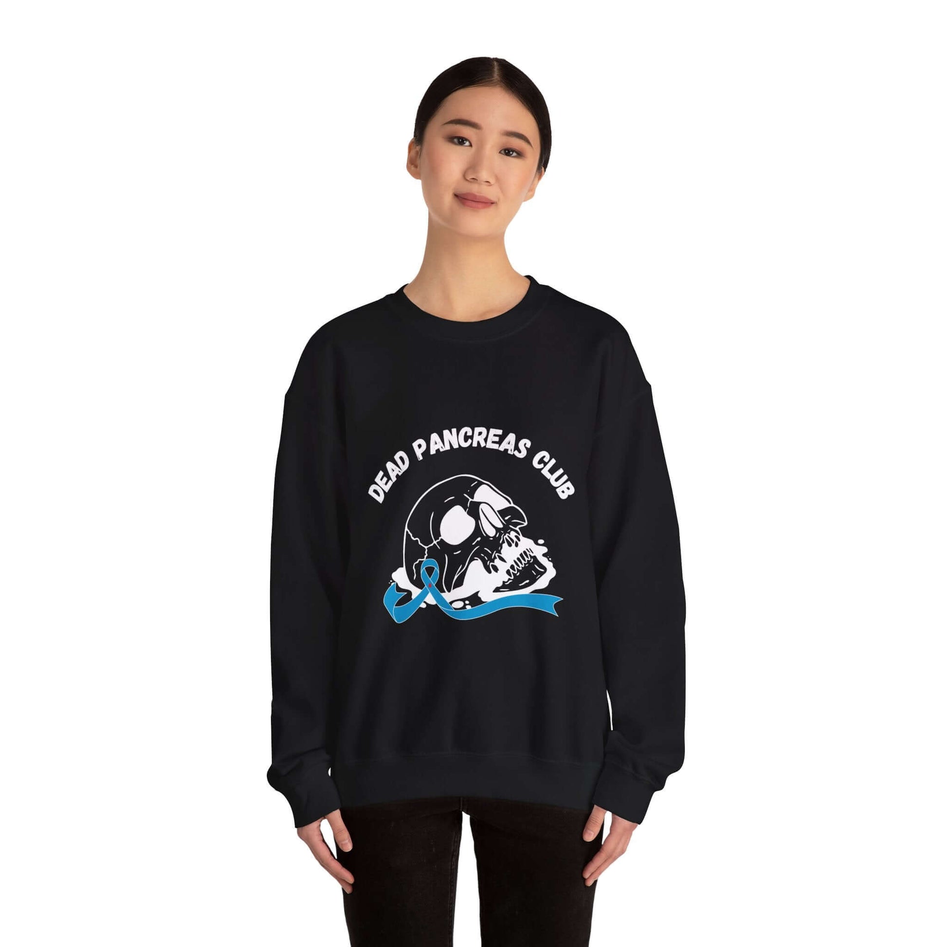 The Diabuddies Store Skull & Blue Ribbon, Dead Pancreas Club - Sweatshirt Skull & Blue Ribbon, Dead Pancreas Club - Sweatshirt: EMake a powerful statement with our Skull & Blue Ribbon, Dead Pancreas Club Unisex Sweatshirt. This bold design merges an edgy
