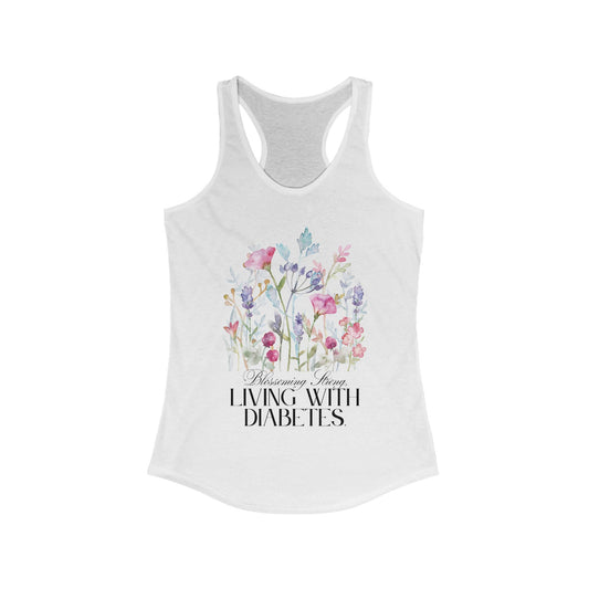 The Diabuddies Store Blossoming Strong, Living with Diabetes. - Racerback Tank Blossoming Strong, Living with Diabetes. - Racerback Tank: Wear your strength proudly! Our "Blossoming Strong, Living with Diabetes" tank is a beautiful reminder of your inner