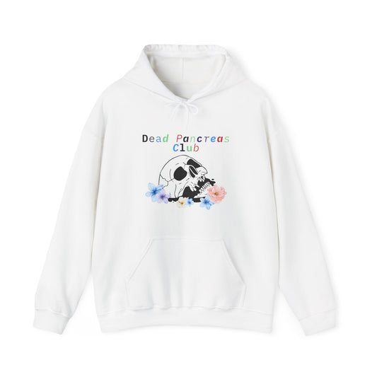 The Diabuddies Store Skull & Flowers, Dead Pancreas Club - Unisex Hoodie Skull & Flowers, Dead Pancreas Club - Unisex Hoodie: Cozy defiance! This unique hoodie blends skulls, flowers, and "Dead Pancreas Club" for a raw, humorous take on life with diabetes