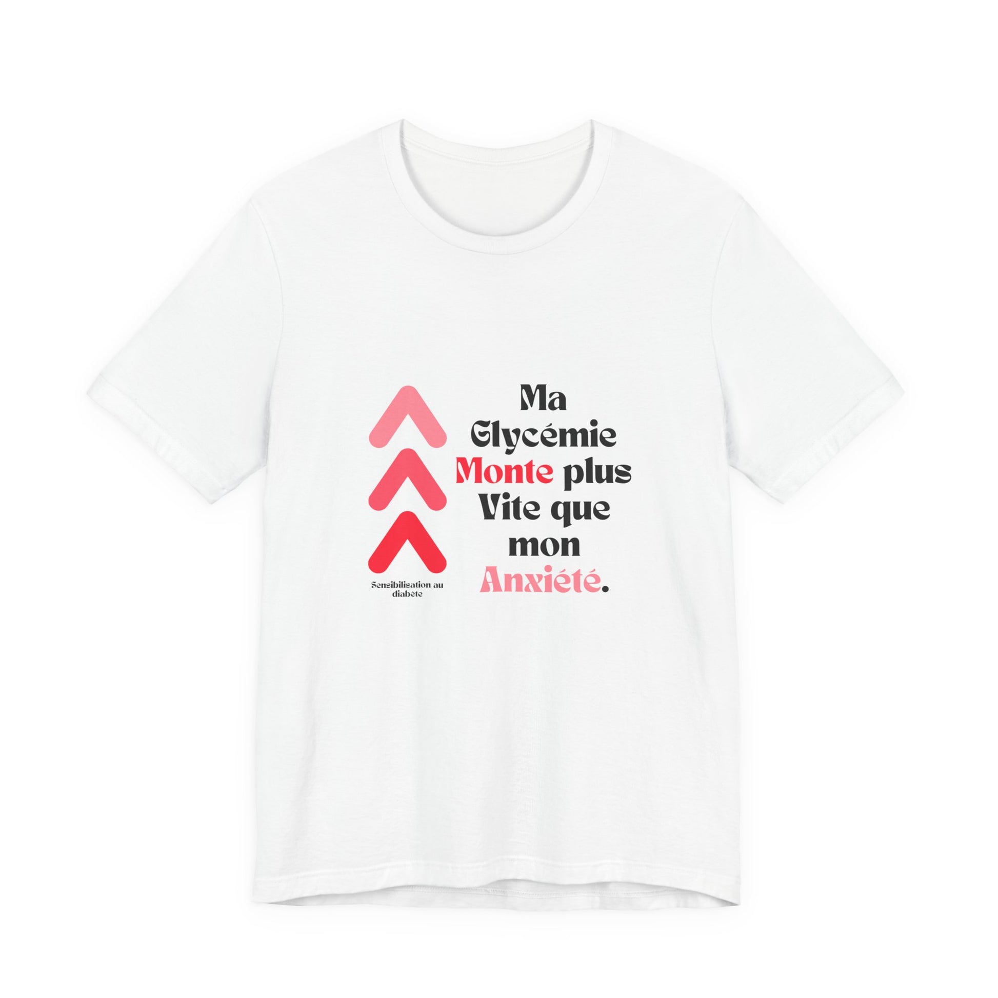The Diabuddies Store Spiking Faster than my Anxiety (French) - Unisex Tee Get ready to make a statement without saying a word. Our "Ma glycémie monte plus vite que mon anxiété" French Unisex Tee is for anyone who knows the feeling of their blood sugar tak