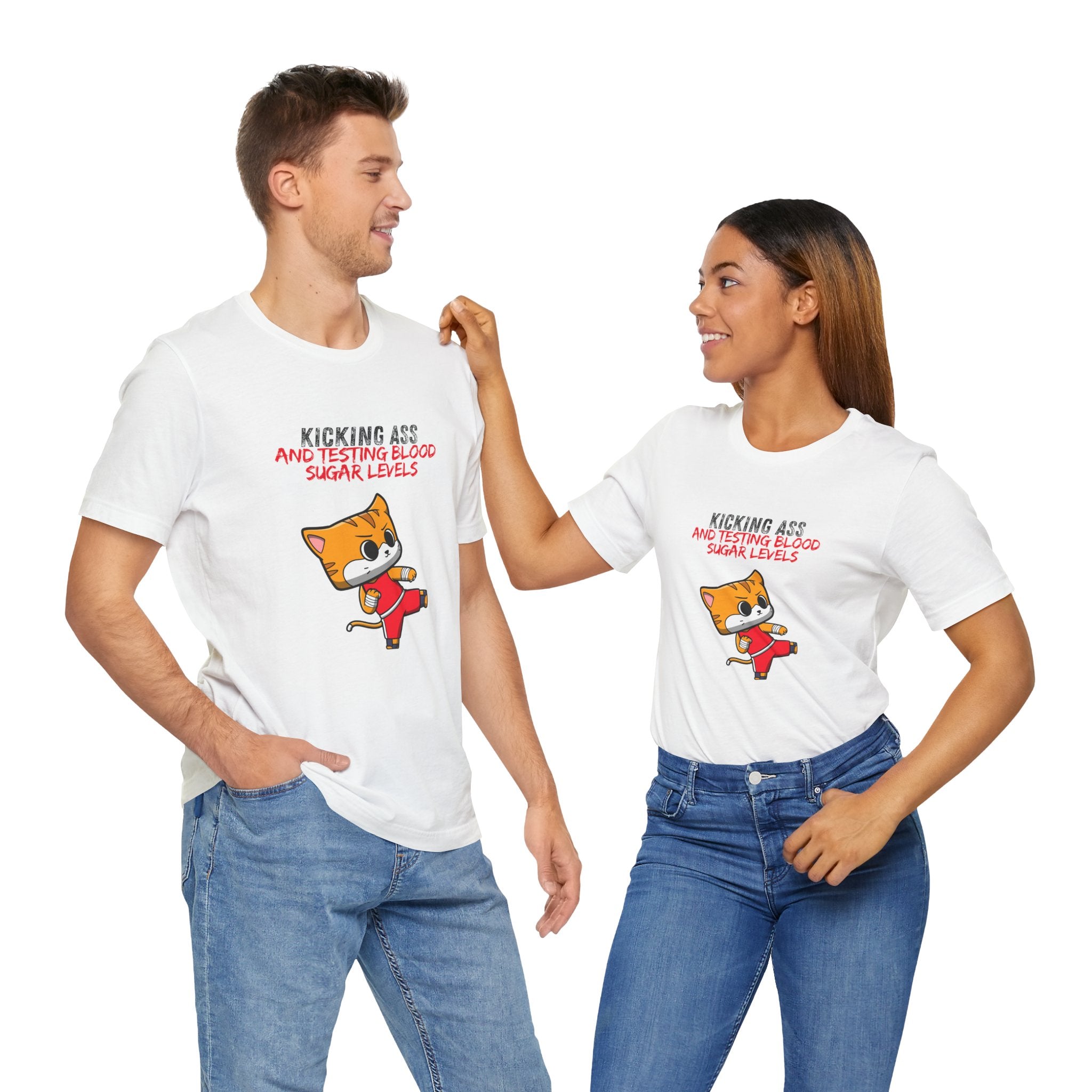The Diabuddies Store Kicking Ass and Testing Blood Sugar Levels - Unisex Tee Kicking Ass and Testing Blood Sugar Levels - Unisex Tee: This tee is for anyone who faces their daily diabetes routine with a fighting spirit and a good dose of humor. T-Shirts $