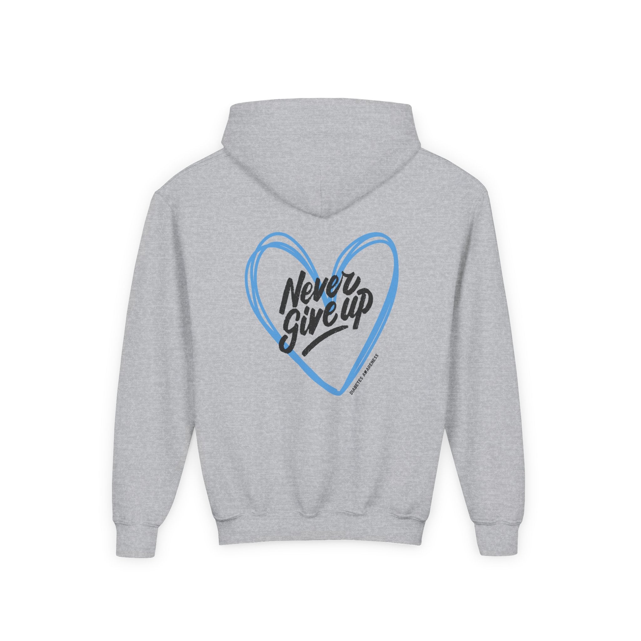 The Diabuddies Store Never Give Up! - Youth Hoodie A powerful statement for the young warriors of the diabetes community. This super soft, comfortable hoodie is the perfect way to share a message of strength, resilience, and hope. Hoodies Kids clothes Awa