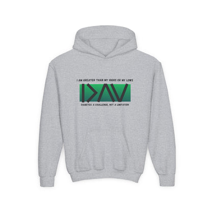 The Diabuddies Store I am Greater than (Green) - Youth Hoodie I am Greater than (Green) - Youth Hoodie: Celebrate resilience and strength with this Youth Hoodie! It's a powerful symbol for young individuals living with diabetes, reminding them that they a