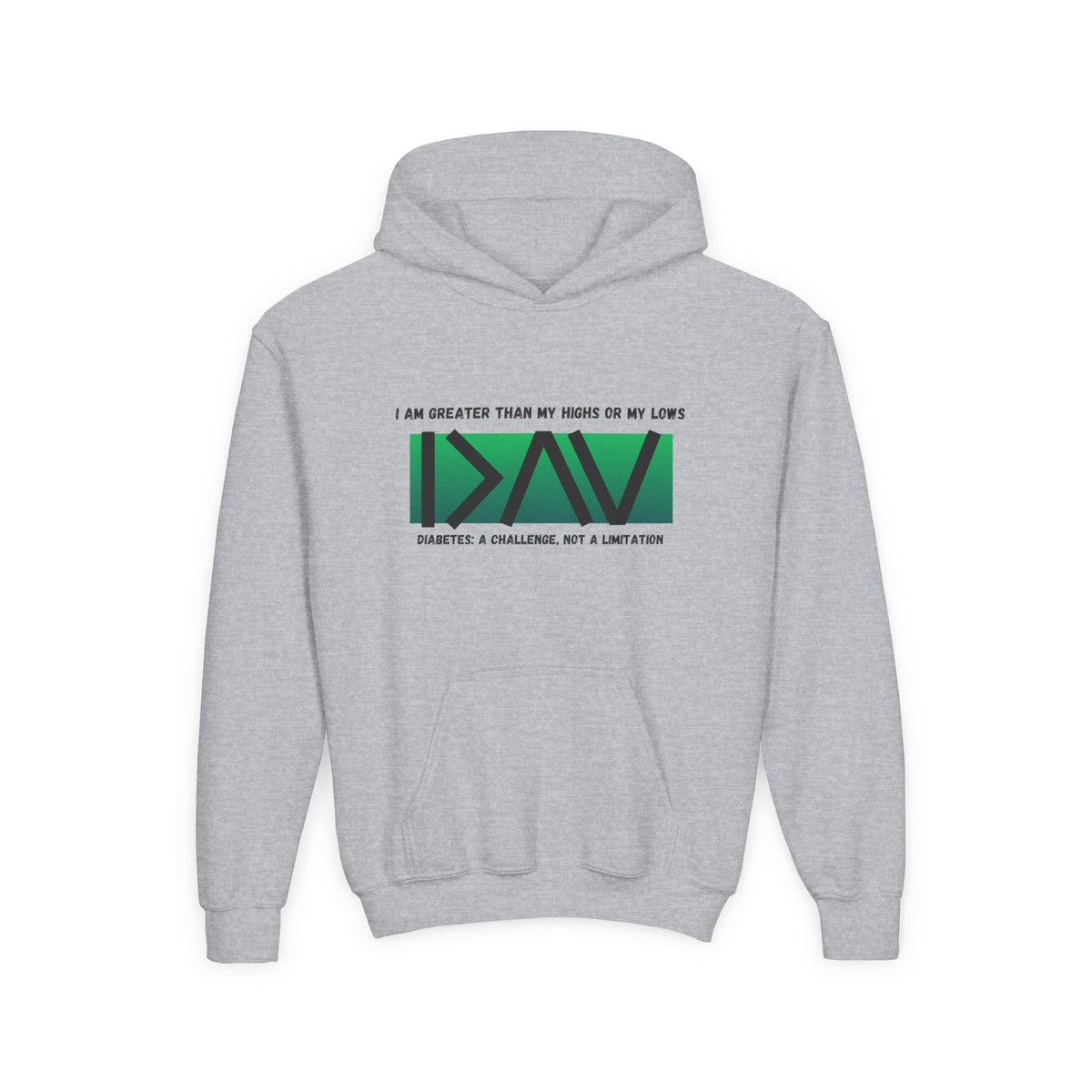 The Diabuddies Store I am Greater than (Green) - Youth Hoodie I am Greater than (Green) - Youth Hoodie: Celebrate resilience and strength with this Youth Hoodie! It's a powerful symbol for young individuals living with diabetes, reminding them that they a