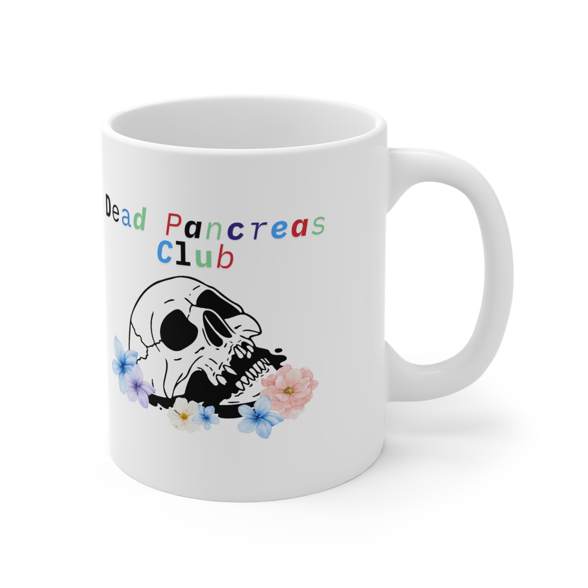 The Diabuddies Store Dead Pancreas Club, Skull & Flowers - Mug 11oz Dead Pancreas Club, Skull & Flowers - Mug 11oz: Welcome to the Dead Pancreas Club! This unique 11oz mug, featuring a cool skull and floral design, is perfect for those with a darkly humor