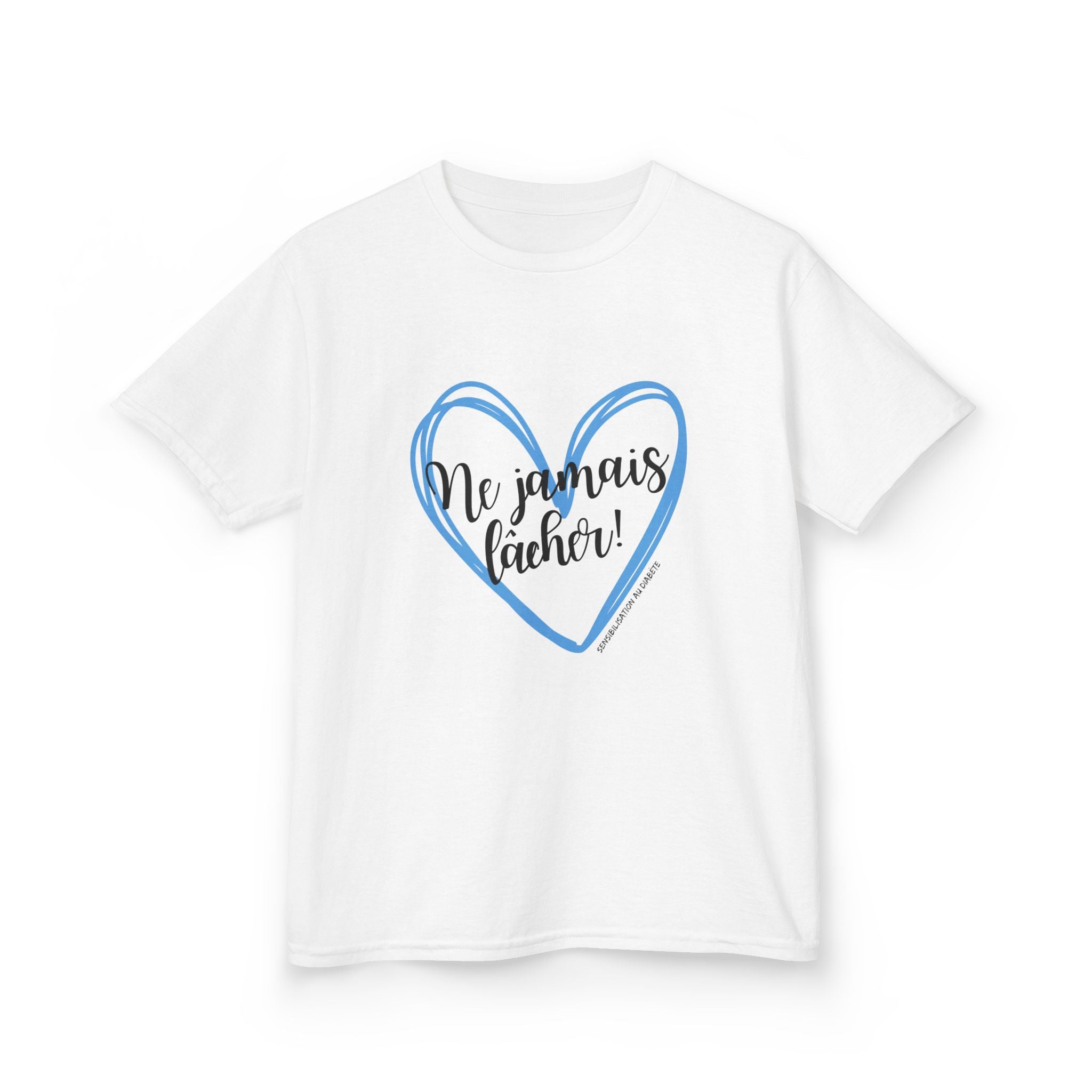 The Diabuddies Store Never Give Up in French - Kids Tee Never Give Up in French - Kids Tee: A powerful statement for the young warriors of the diabetes community. This French "Ne jamais lâcher" Tee is the perfect way to share a message of strength, resili