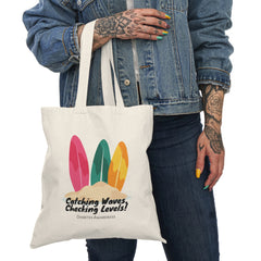 The Diabuddies Store Catching Waves, Checking my Levels (Surfboards)- Tote Bags Catching Waves, Checking my Levels (Surfboards)- Tote Bags: Ride the flow of life in our "Catching Waves, Checking Levels..." with surfboards Tote Bag. Bags Canvas tote shoppe