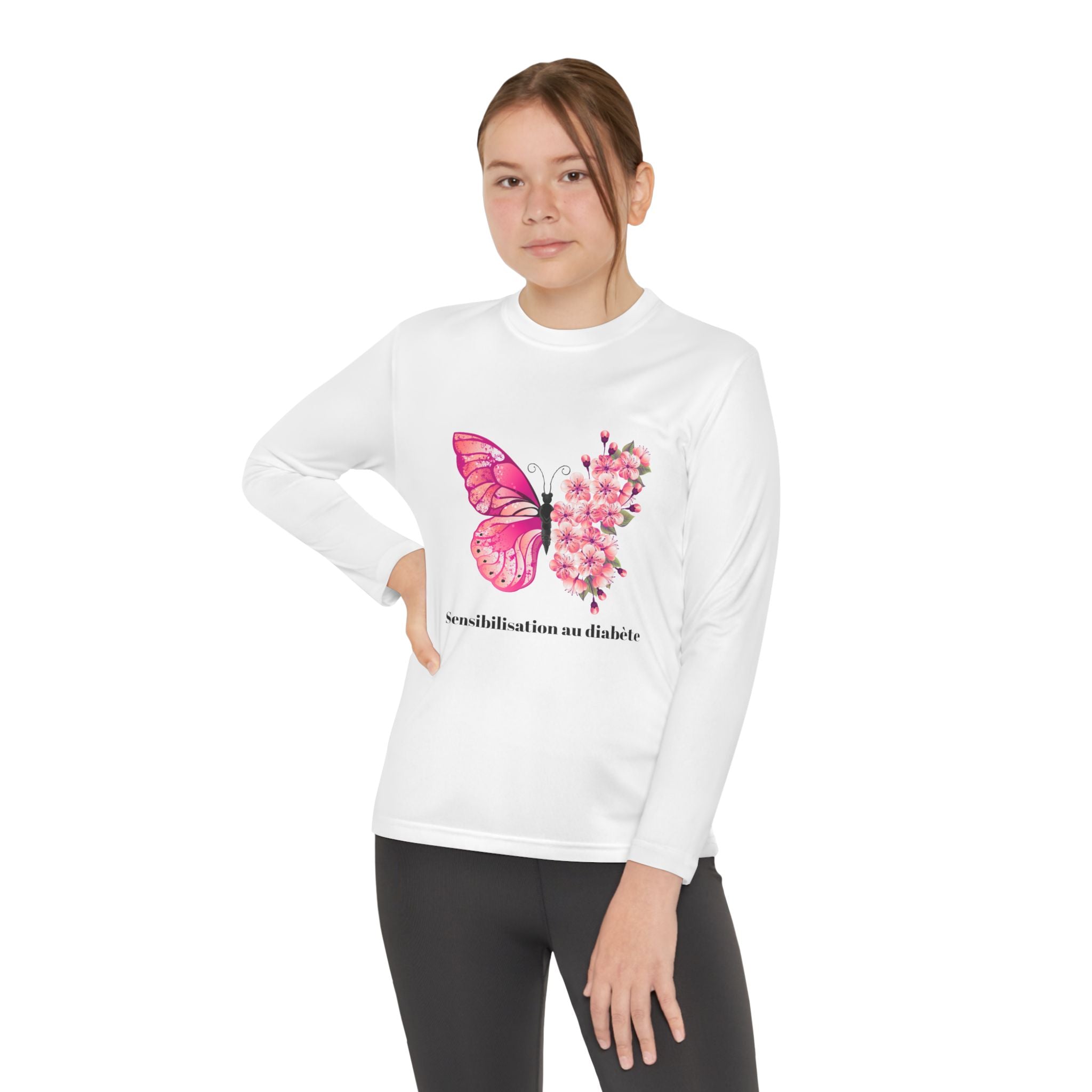 Pink Butterfly & Flowers (French) - Longsleeve Youth Tee The Diabuddies Store T-Shirts $23.44