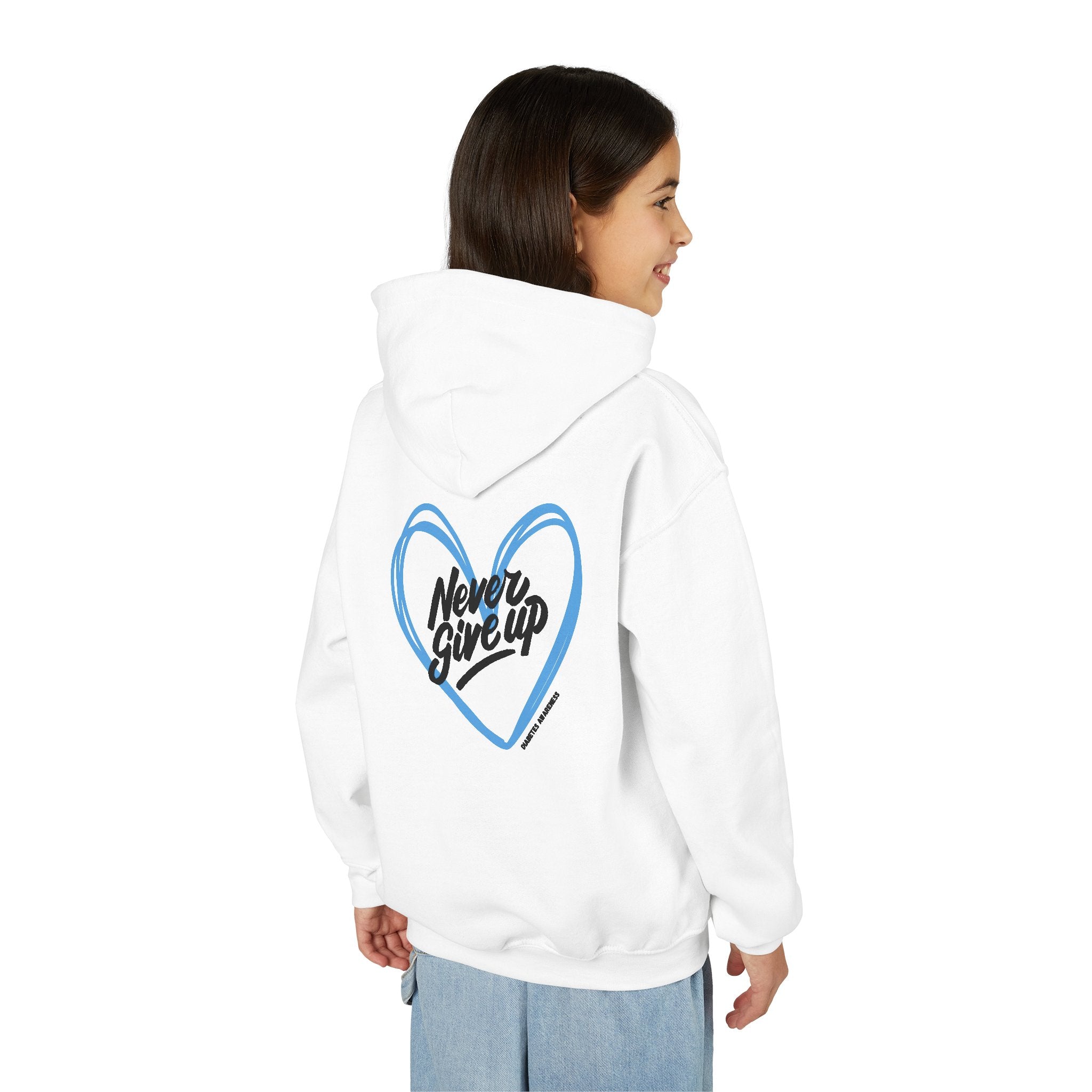 The Diabuddies Store Never Give Up! - Youth Hoodie A powerful statement for the young warriors of the diabetes community. This super soft, comfortable hoodie is the perfect way to share a message of strength, resilience, and hope. Hoodies Kids clothes Awa