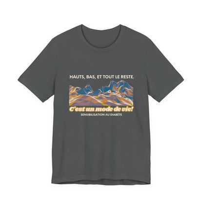 The Diabuddies Store Highs, Lows, and Everything in Between (French) - Unisex Tee Highs, Lows, and Everything in Between (French) - Unisex Tee: Life's a rollercoaster, and this tee gets it! Our "Highs, Lows, and Everything in Between" French shirt is for