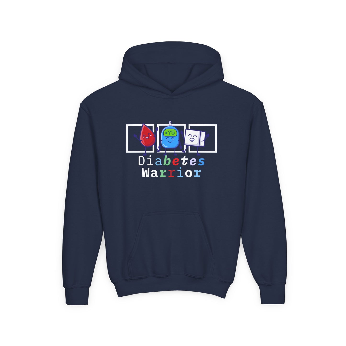 The Diabuddies Store Diabetes Warrior (with icons) - Youth Hoodie Diabetes Warrior (with icons) - Youth Hoodie: Empower your young champion with our "Diabetes Warrior" Youth Hoodie! This super-comfy hoodie proudly displays the spirit of a true warrior, fe
